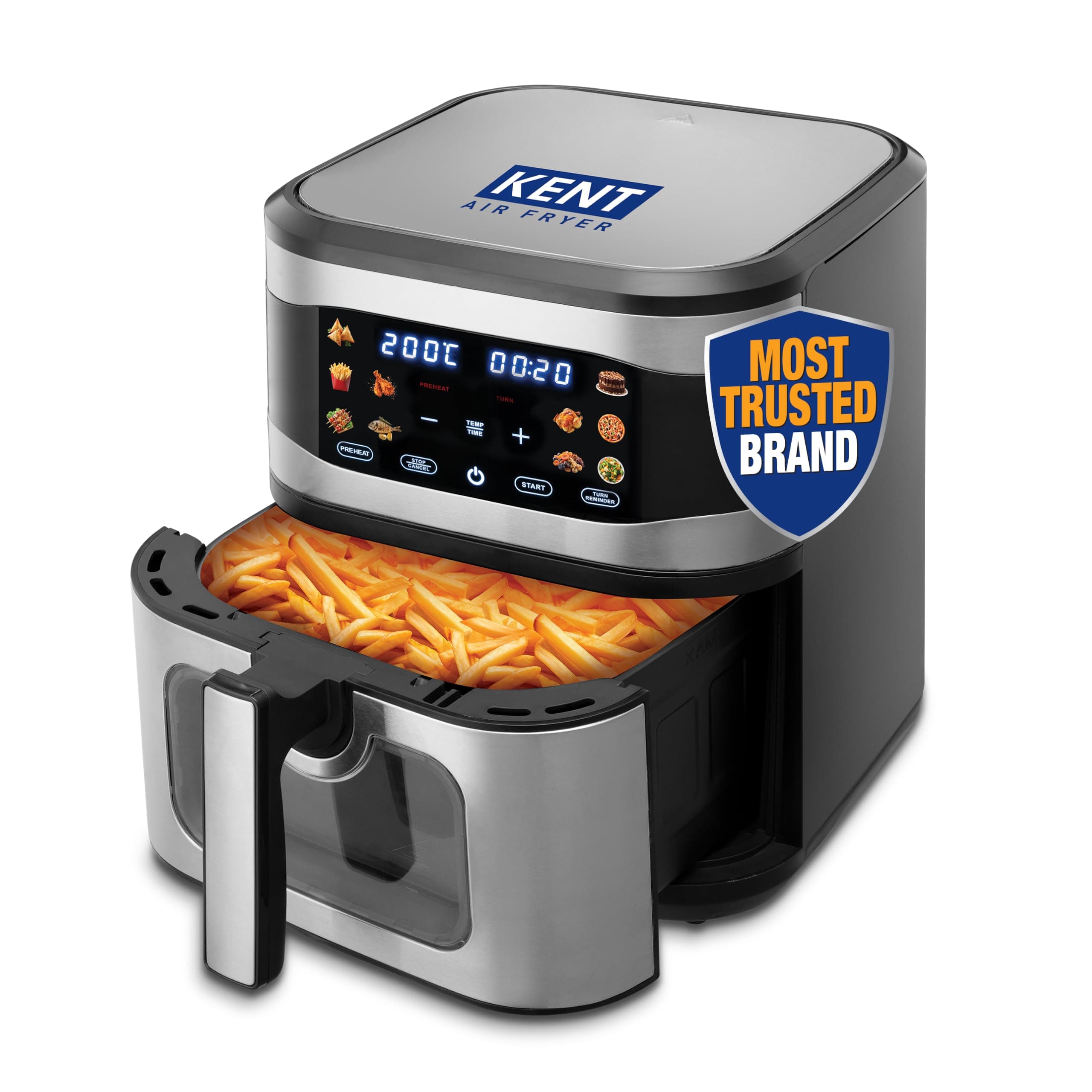 KENT Digital Air Fryer 8L | 1700W | Bake, Grill & Roast | Up to 80% Less Oil Usage | 7 Preset Menu | Digital Display & Touch Control Panel | Glass Window with in built Light | Auto Cut-Off Silver