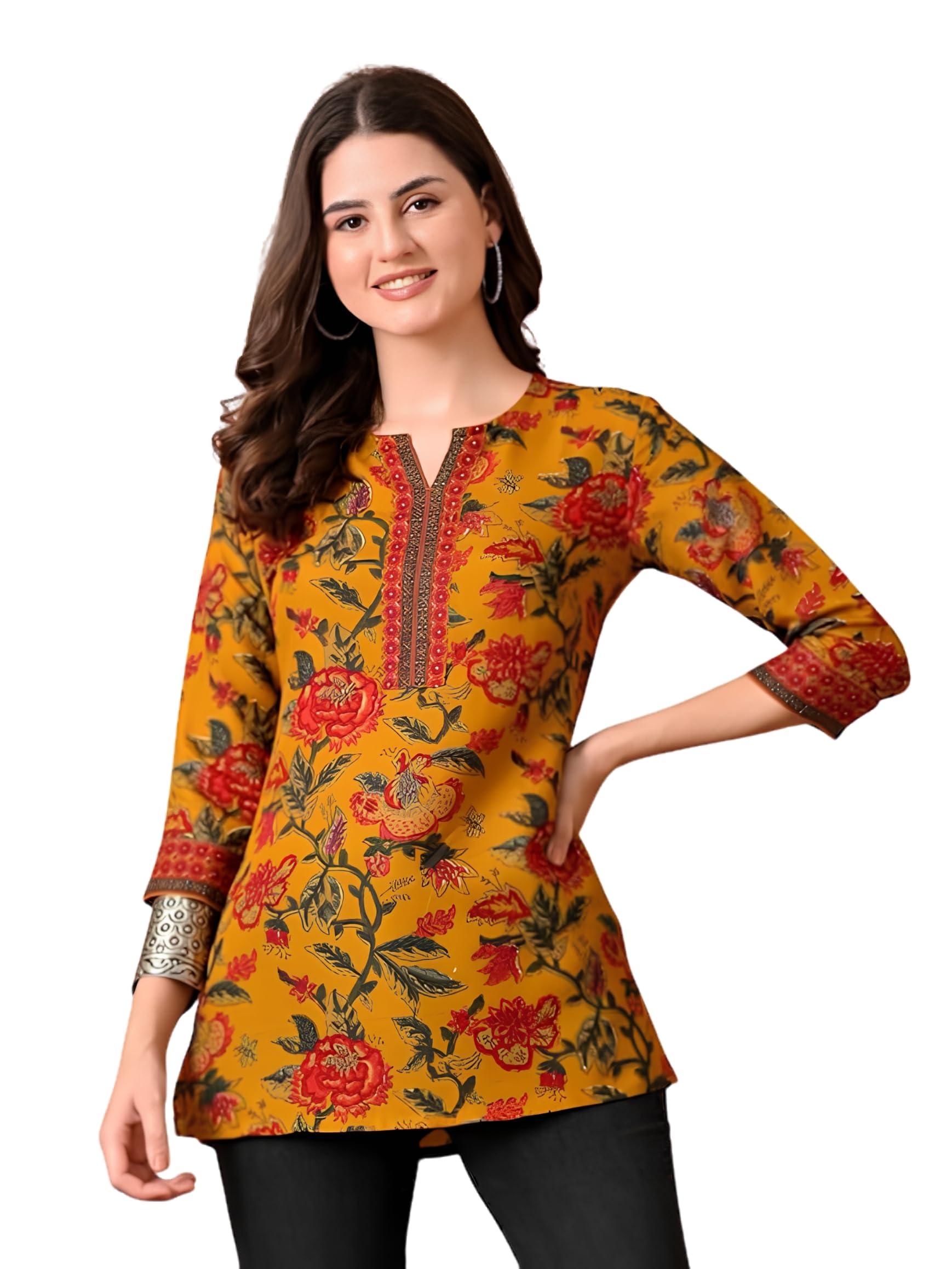 Amazon Brand - Tavasya Women's Mustard Floral Print Poly Rayon Straight Short Kurti (XL)
