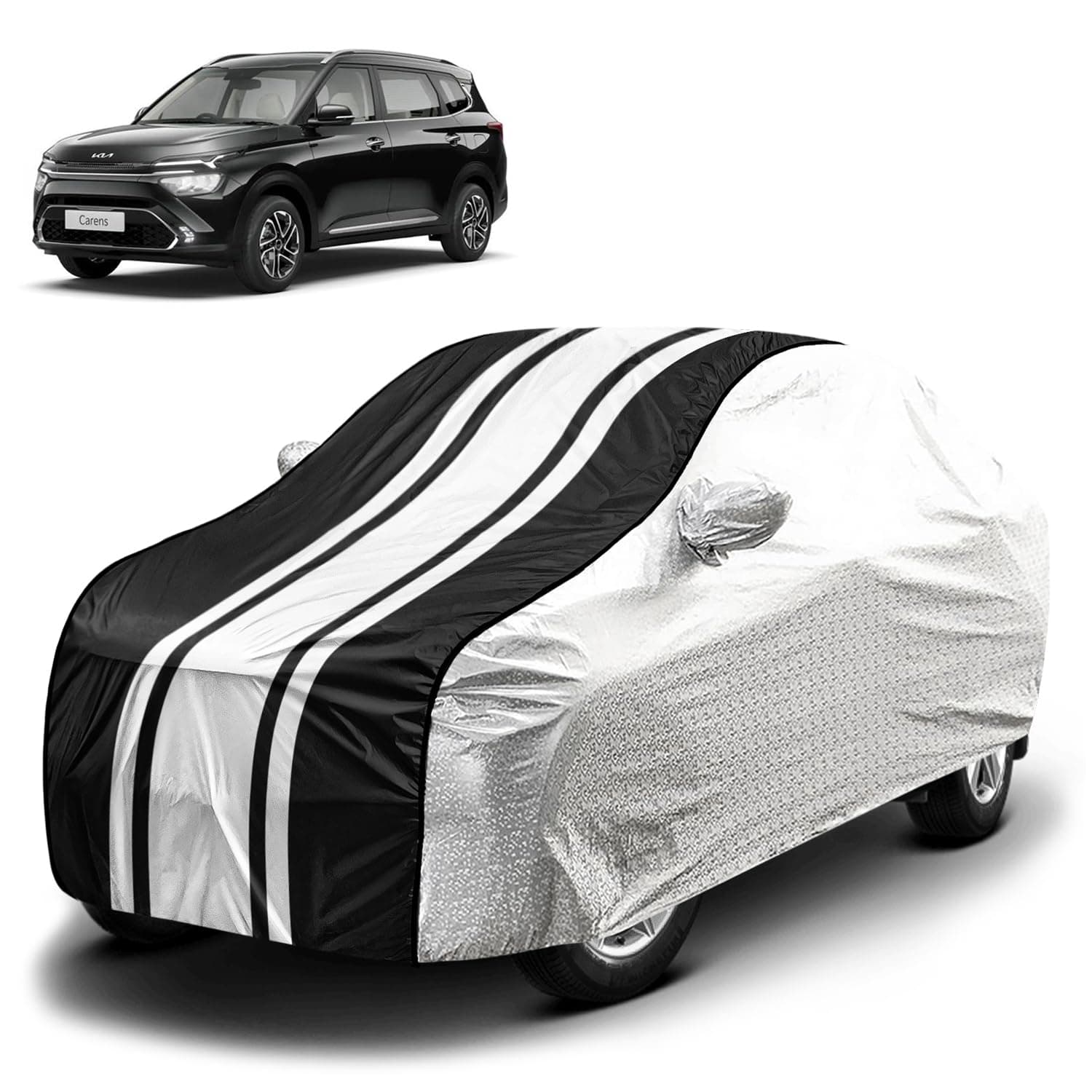 Fabtec Waterproof Car Body Cover for Kia Carens with Mirror Pocket and Soft Cotton Lining, Bottom Elastic, Triple Stitched (Metallic Silver with Black Stripes) (No Antenna Pocket)