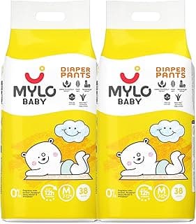 Mylo Baby Diaper Pants Medium (M) Size 7-12 kgs (76 count) Leak Proof | Lightweight | Rash Free | Upto 12 Hours Protection | ADL Technology | with Aloe Vera Lotion (38 Count, Pack of 2)