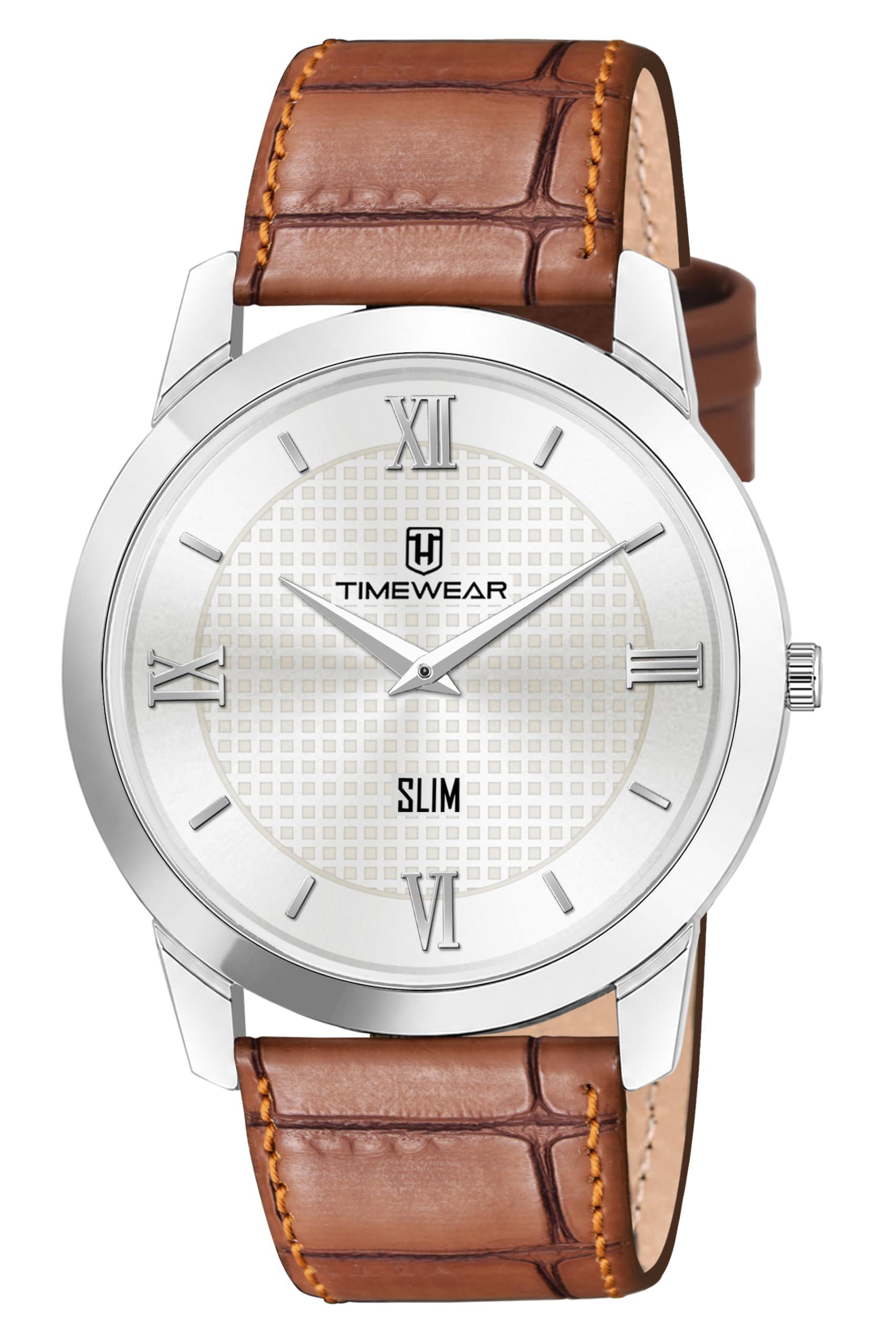 TIMEWEAR Analog Slim Two Hands Brown Leather Strap Watch for Men