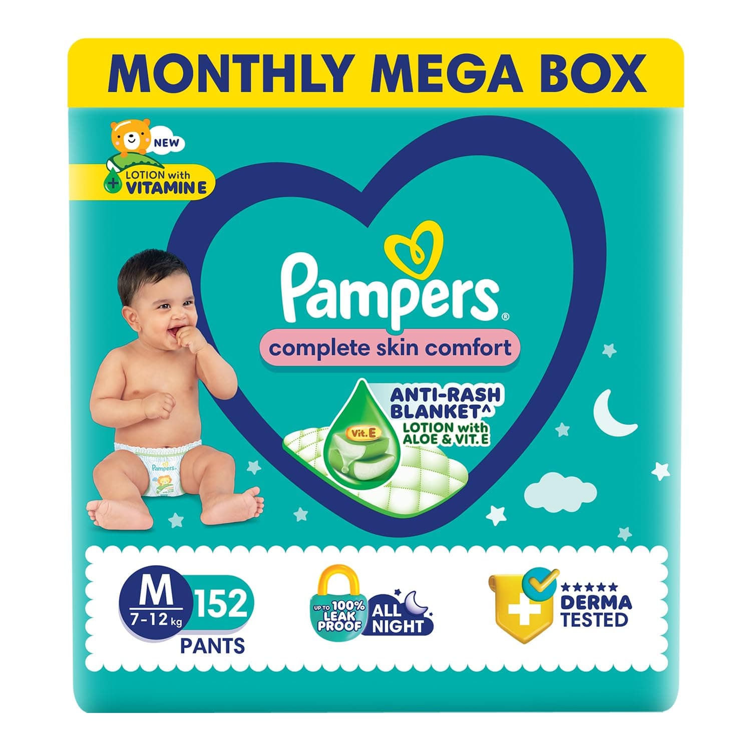 Pampers Complete Skin Comfort Pants, (M) 152 Count, Anti-rash blanket, Lotion with Vitamin E & Aloe Vera, Medium size baby diapers, 7-12kg