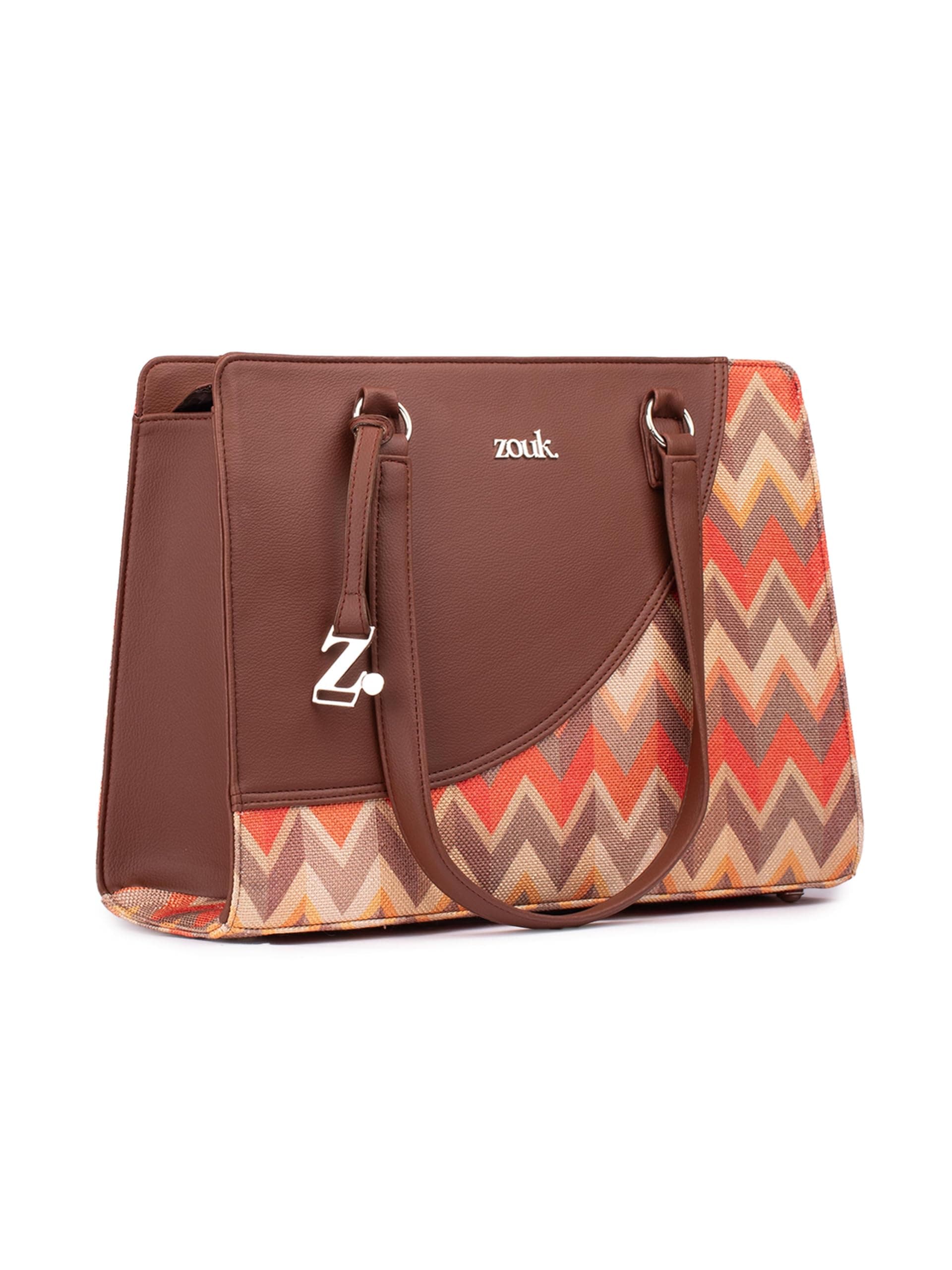 ZOUK Women's Tidal Wave Office Essential Bag | Jute | Vegan Leather Handcrafted Tote Bag With Double Handle Shoulder Strap| Orange