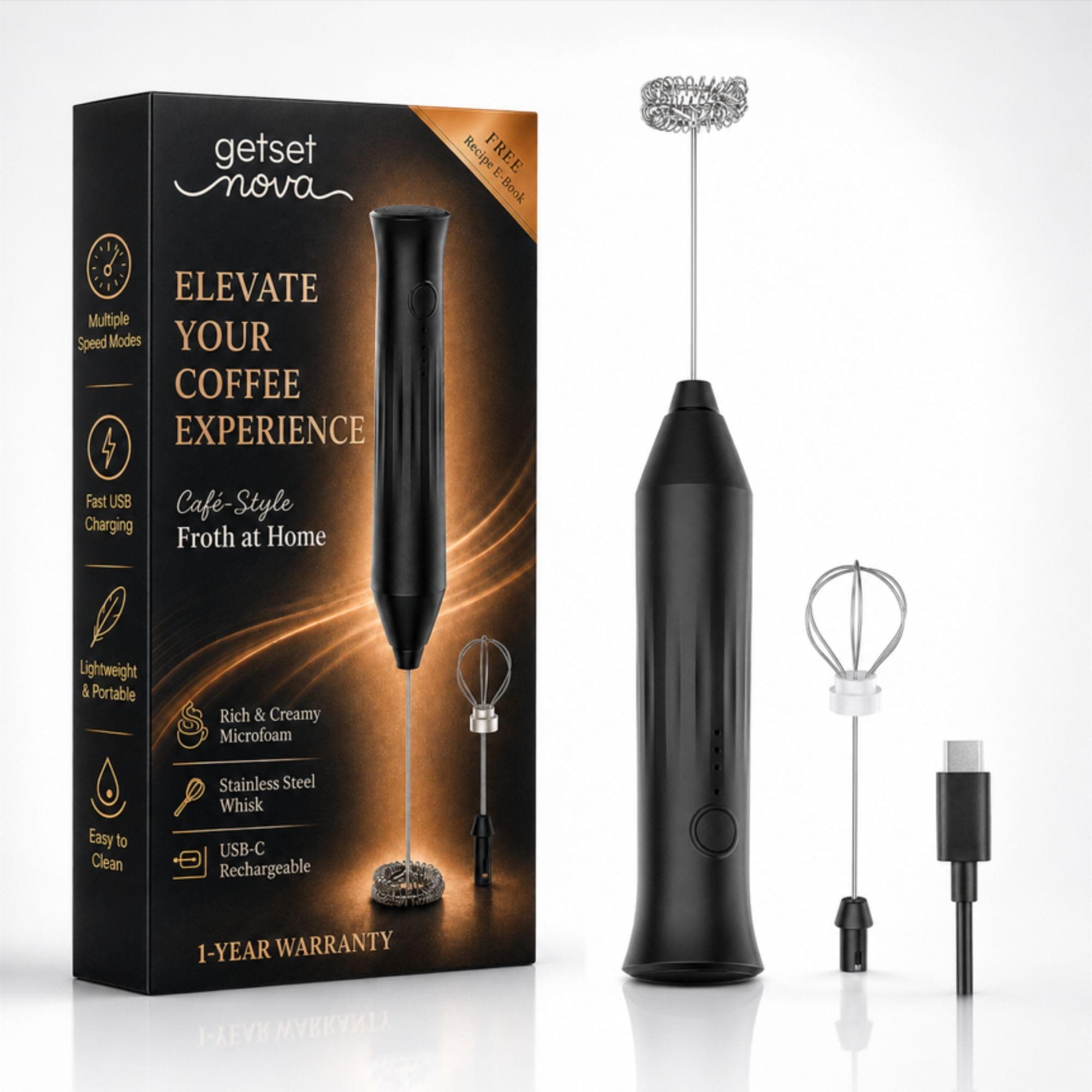 Nova Milk Frother Rechargable Coffee Frother Milk & Beater for Cold Latte 2In1 Handheld Blender and Egg Whisker | 1 Year Warranty Free Frothy Recipe E-Book (Whisker + FROTHER)