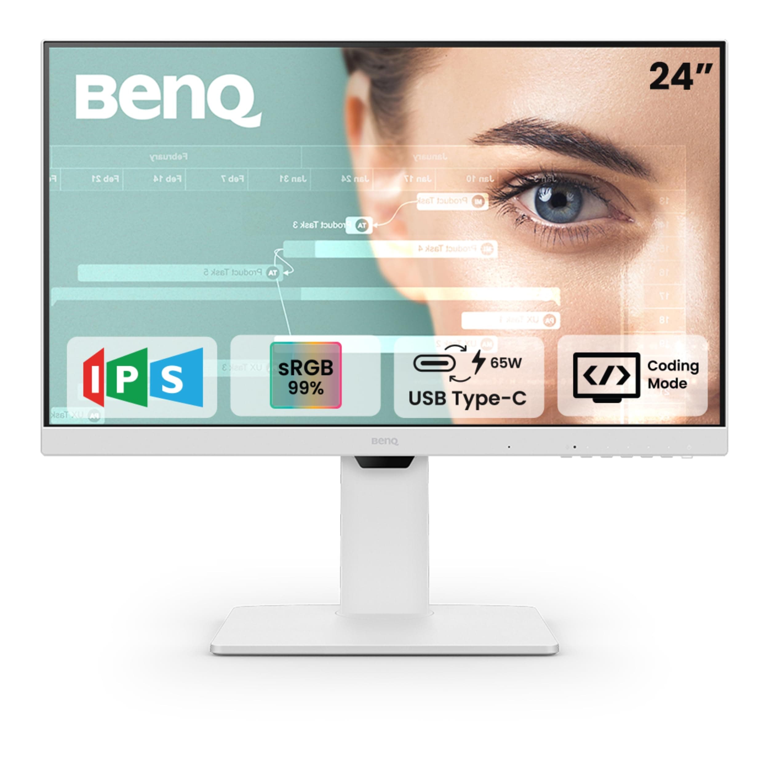 BenQ GW2486TC 24" IPS 100Hz Full HD Coding Monitor |USB-C(65W PD)| Daisy Chain| 99% sRGB| Coding Mode| Height Adjust|HDMI| DP| USB Hub| 2Wx2 Speakers| Eye Care| Noise Cancelling Microphone (White)