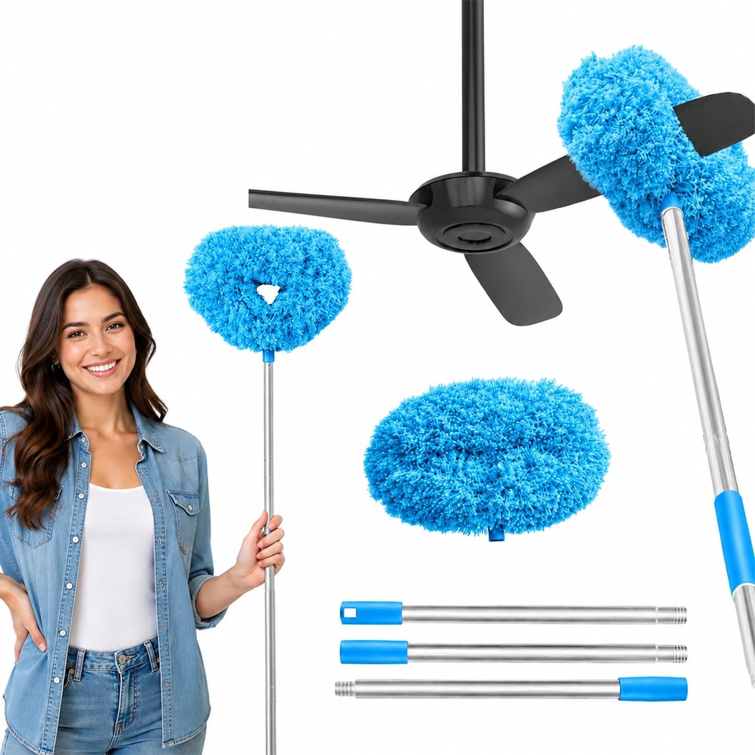 Maxoshine Fan Cleaning Mop with Long Rod-Microfiber Ceiling Fan Cleaner and Duster-Foldable Spider Web Cleaner Stick-Fan Cleaner Brush Long Handle Dust Cleaner for Home