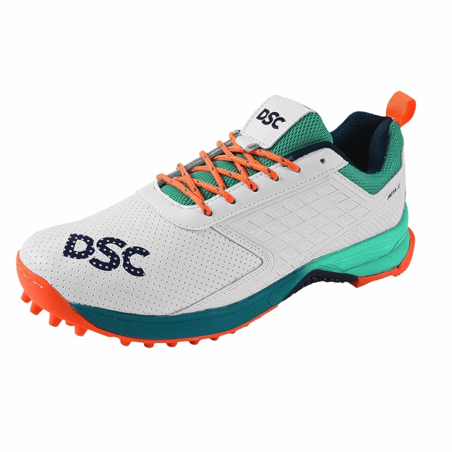 DSC Jaffa 22 Cricket Shoes | Color: Sea Green/Fluro Orange | Size: 10UK/11US/44EU | for Mens & Boys | Material: Mesh | Breathable Mesh | Non-Slip Sole for Improved Durability for Stability