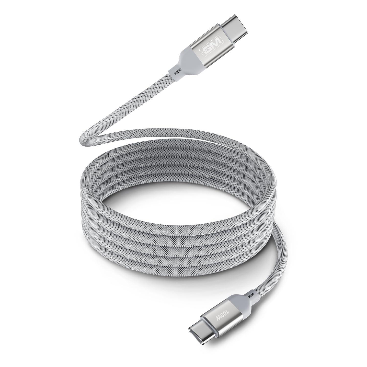 GM G+ Flash PD 100W Grey Magnetic Charging Cable | Type-C-C | 120cm | Premium Braided Copper Wire | 20,000 bend cycles tested | 480Mbps | Fast Charging for Laptops & Phones | 1 Year Warranty