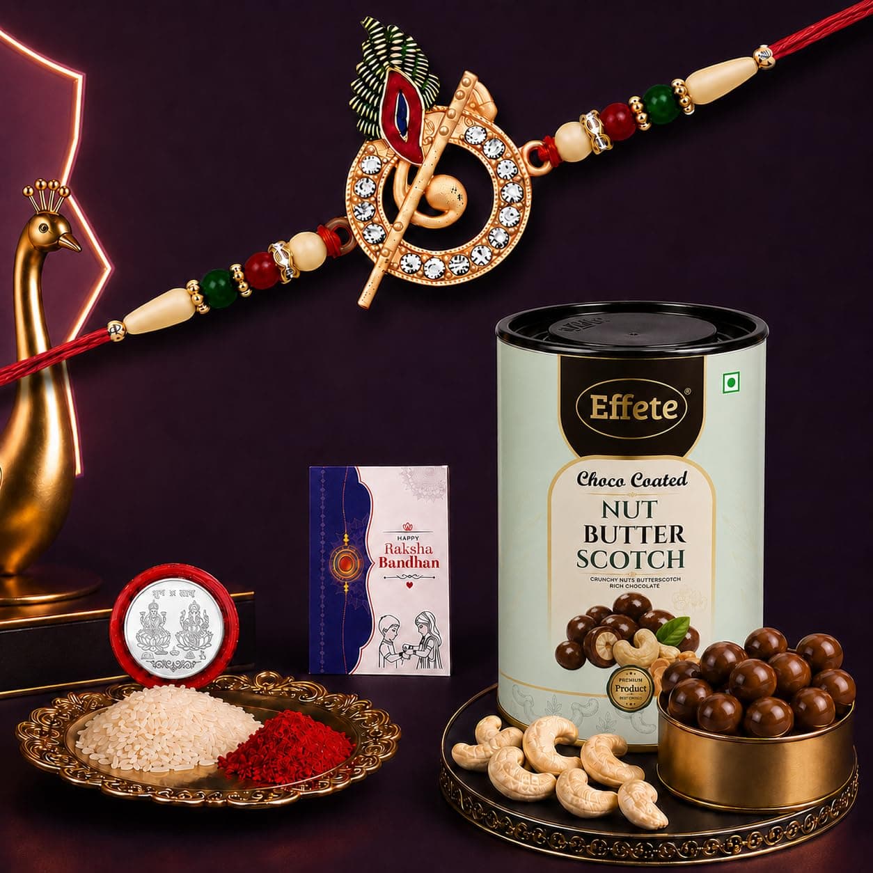 DeoDap Designer Murli Flute Rakhi for Brother with Choco Coated Nut Butterscotch Chocolate 96gm, Pooja Coin, Roli Chawal & Card | Rakhi with Chocolate Combo for Raksha Bandhan