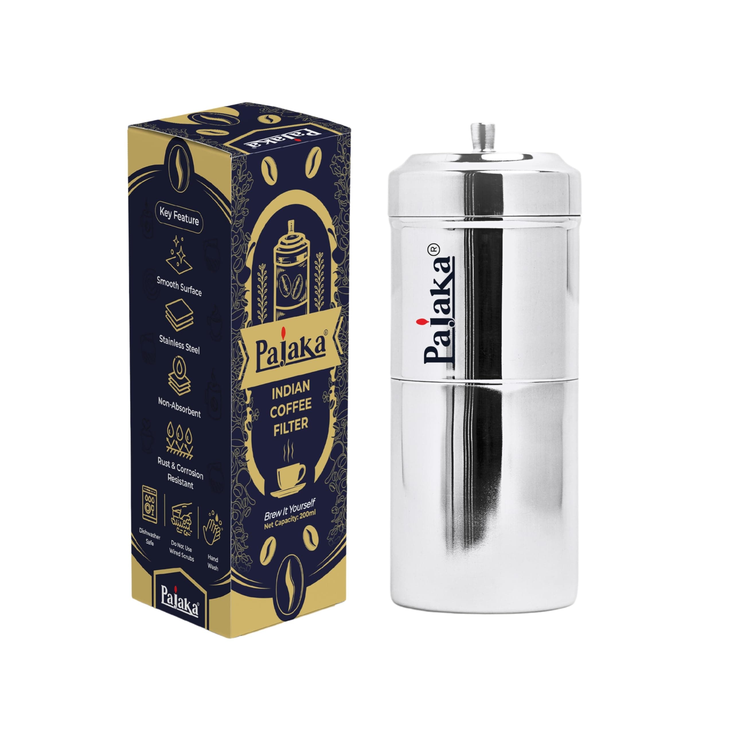 PAJAKA South Indian Filter Coffee Maker - 200 ML Capacity, Stainless Steel Madras Kaapi Kappi Drip Decoction Coffee Brewer, Medium Size for 2-4 Cups, Home & Kitchen