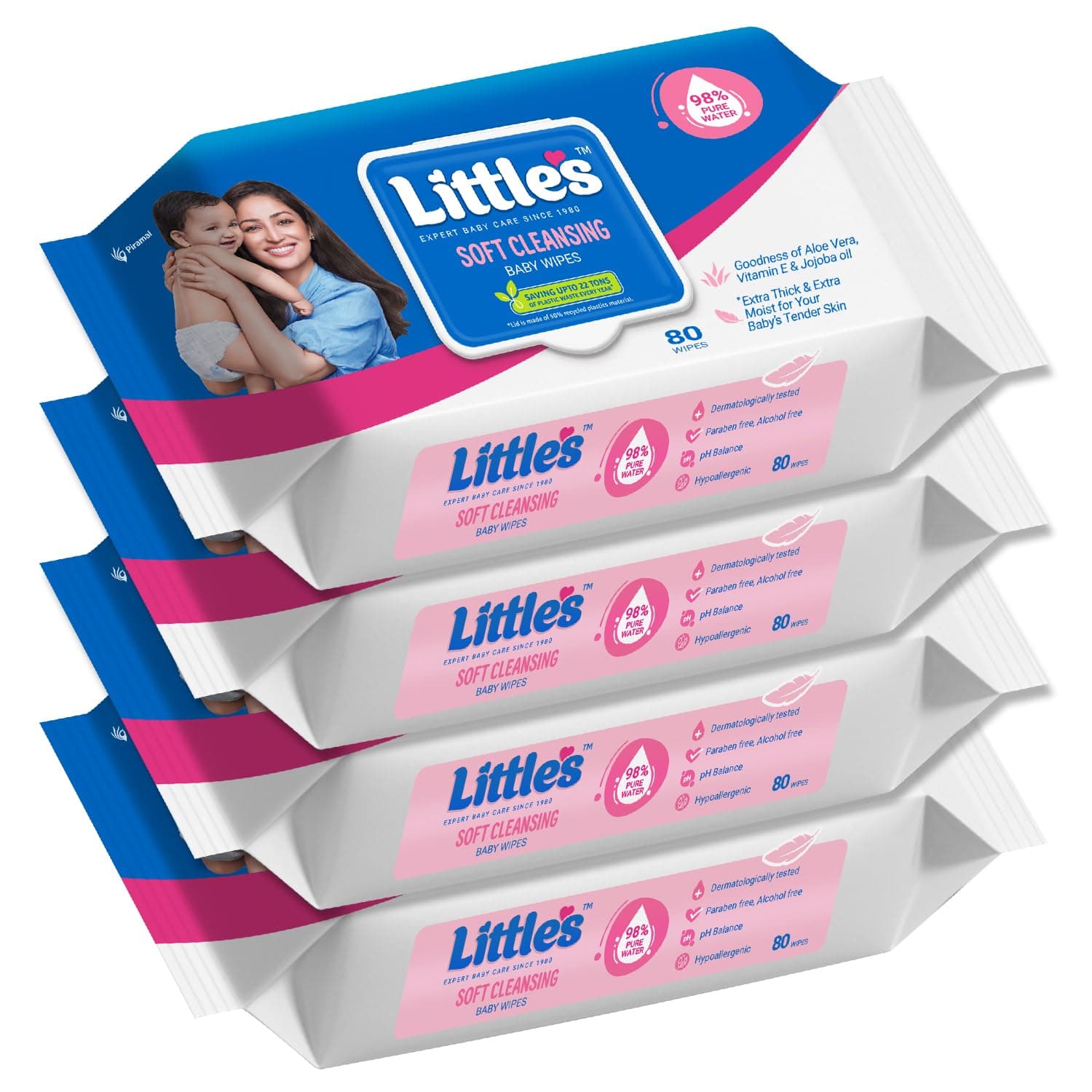 Little's Soft Cleansing Baby Wipes with Lid | 80 Wipes x Pack of 4 - 320 Wipes | Extra Thick & Moist Wet Wipes for Baby's | Prevents Rashes & Redness with Goodness of Aloe Vera, Vitamin E & Jojoba Oil