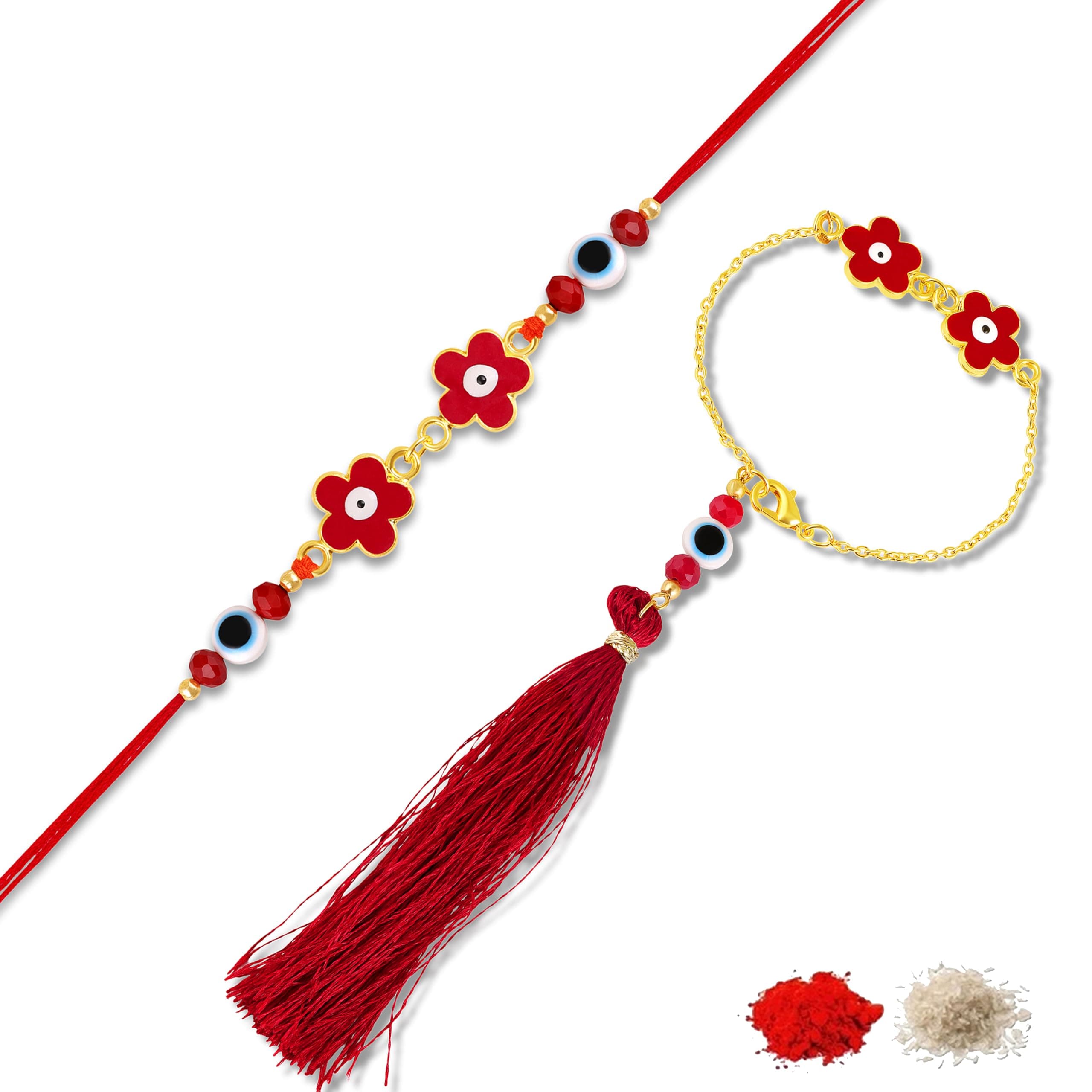 Mahi Elegant Handcrafted Floral Evil Eye Red Bhaiya Bhabhi Couple Rakhi Set Threads (RCOL1106002G)