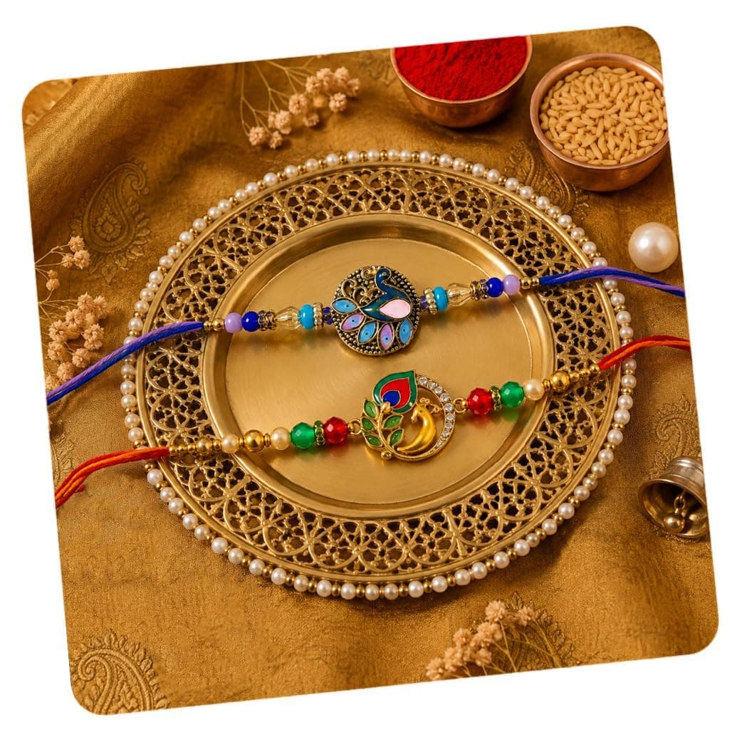 CraftVatika Peacock Kundan Rakhi for Brother Set of 2, Premium Rakhis for Rakshabandhan, Designer Couple Rakhi for Bhaiya Bhai Brother Boy Men, Raksha Sutra Thread Best Wishes Card and Tillak Set