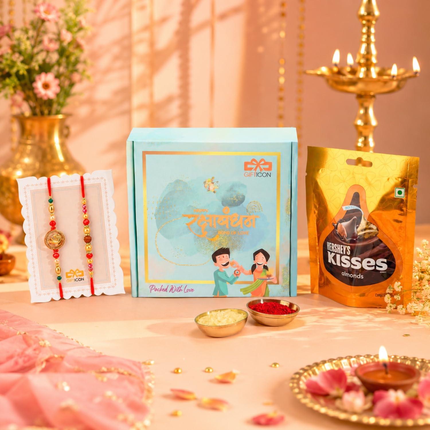 Gifticon Rakhi Set for Brother with Chocolate | Premium Designer Rakhi, Chocolate, Roli Chawal, Greeting Card & Premium Gift Box | Rakhi Hamper for Raksha Bandhan | Ganesh Ji & Rudraksh Rakhi