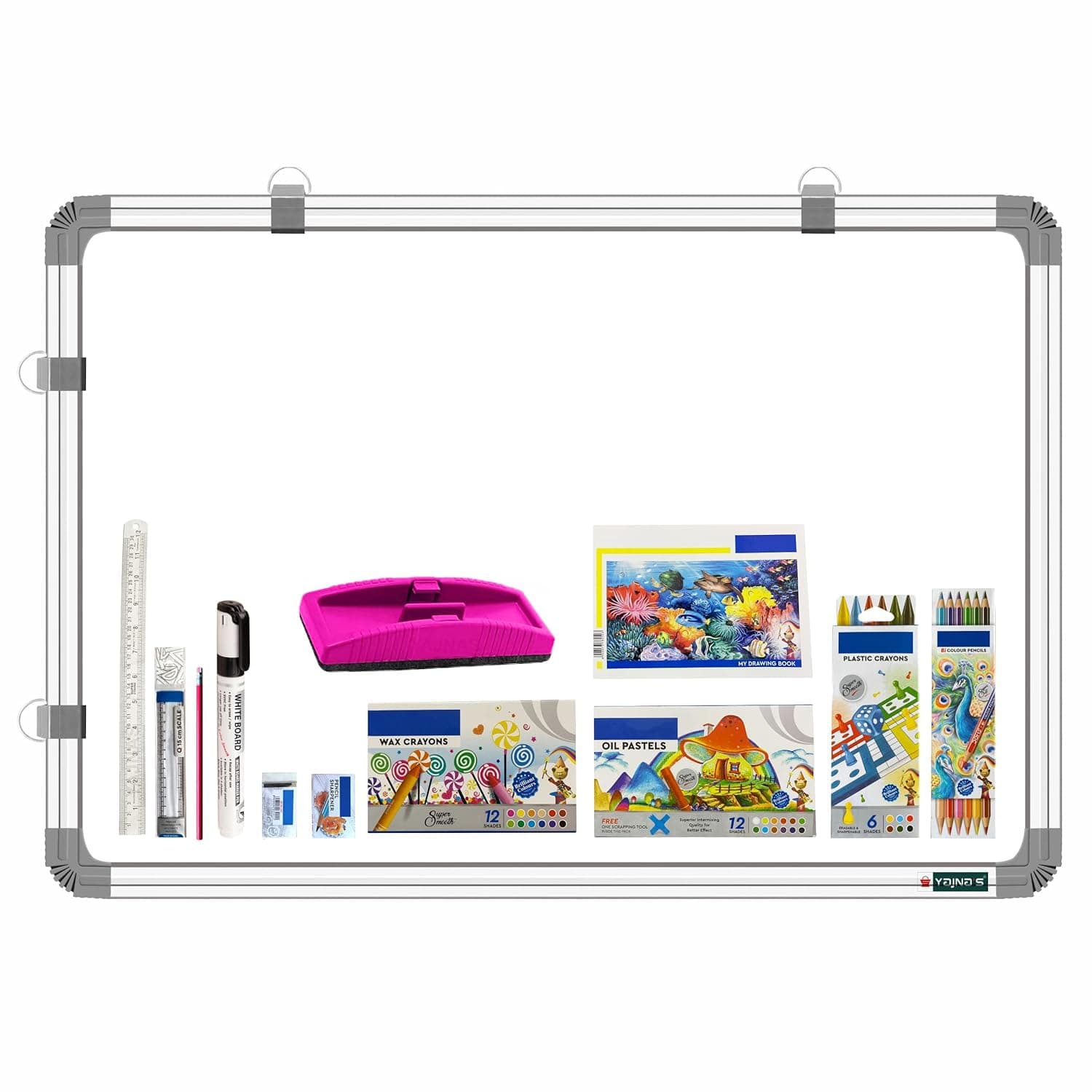 YAJNAS Non Magnetic 1.5X3 Feet Double Sided White Board and Chalk Board Both Side Writing Boards, one Side White Marker and Reverse Side Chalk Board Surface with Beginners Combo Kit