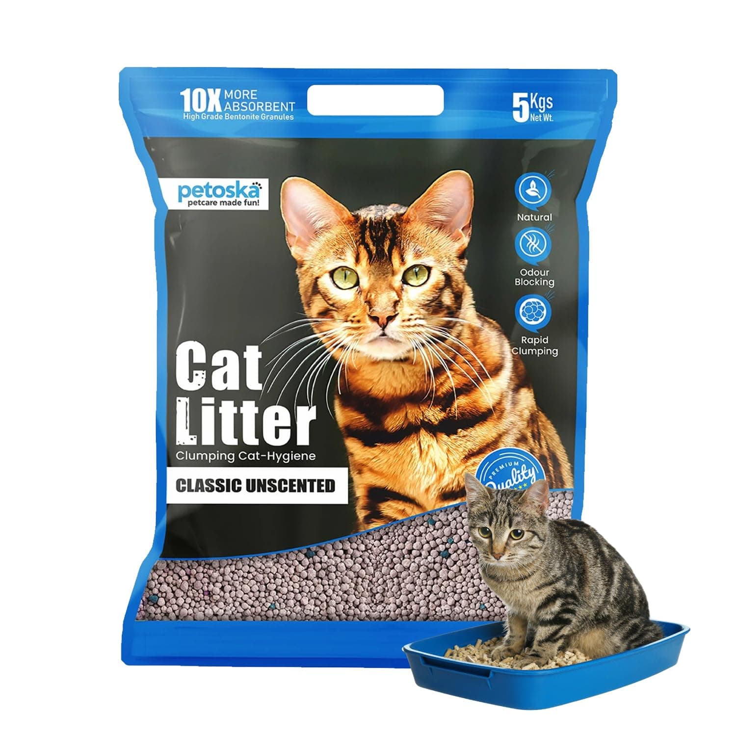 Petoska Cat Litter 5kg | 100% Natural Bentonite Clay | Rapid Clumping, Odour Lock, Low Dust, Gentle on Paws | Premium Absorbent Cat Litter for All Breeds