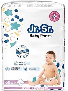 Jr. Sr. Baby Diaper Pants | Large (L) Size (9-14 kg), 60 Count | Pack of 1 | Upto 12 hr Absorption with Advanced Leak Protection | Safe For Babies Skin | Soft, Secure & Comfy