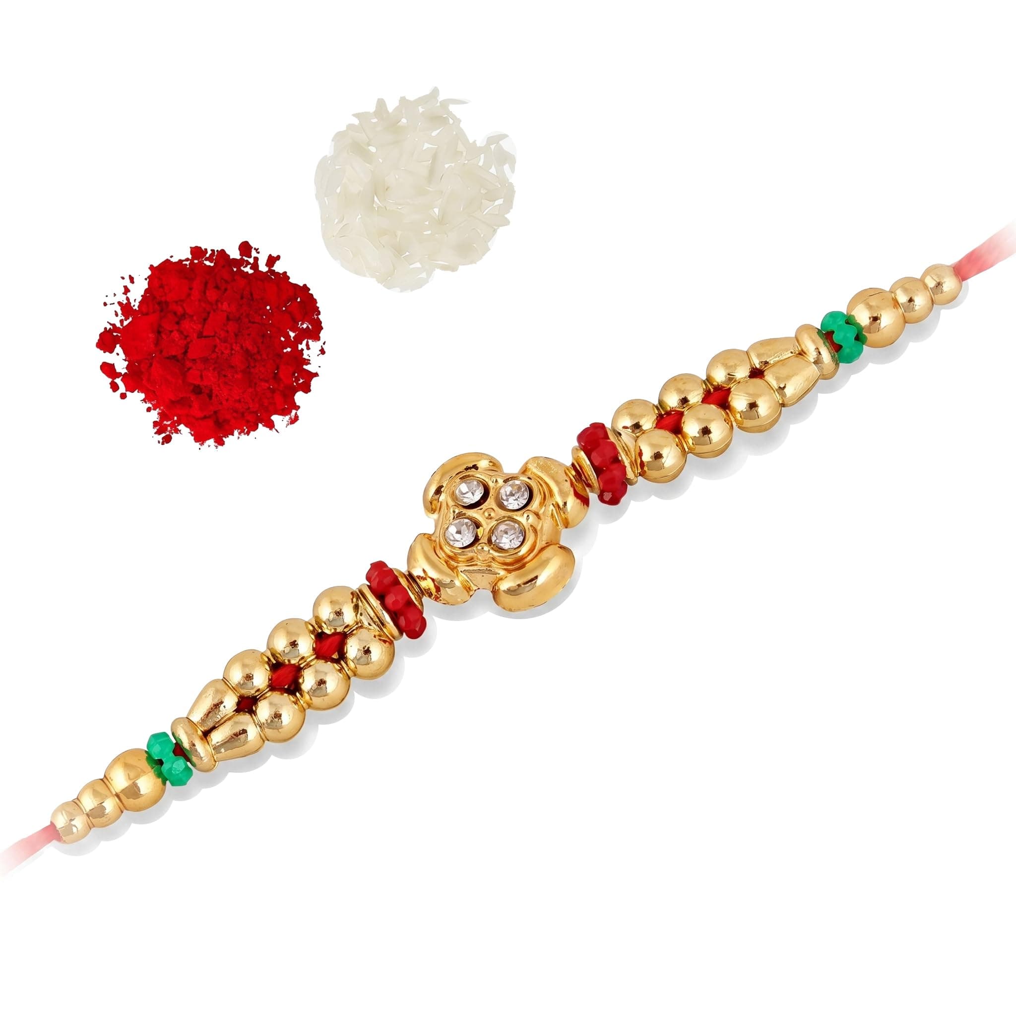 Lucky Jewellery Designer Gold-Toned Rakhi for Brother with Crystal Centerpiece | Complete Rakhi Set with Roli, Chawal (22-S7R1-EO0658)