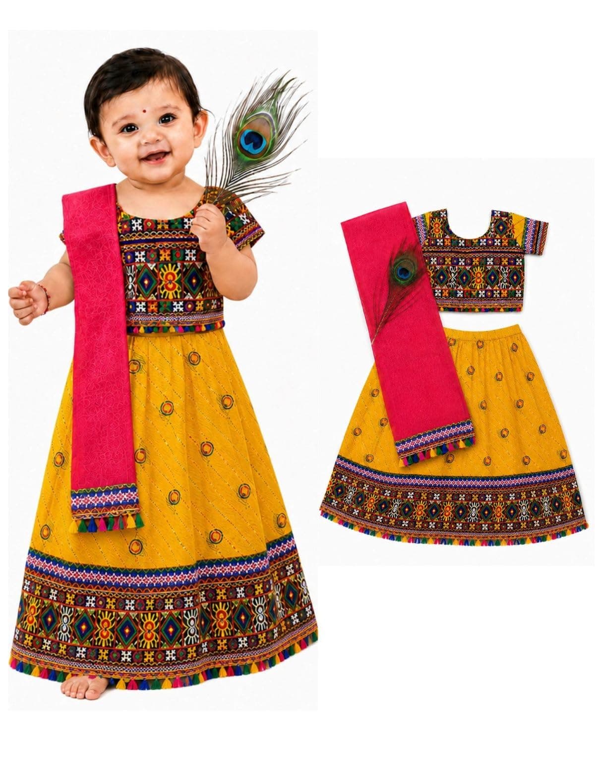 BookMyCostume Radha Dress for Baby Girl | Janmashtami Radha Costume for Girls with Dupatta & Morpankh | Radha Rani dress for Baby Girl | Fancy Dress Costume for Role Plays & Festival | 2-3 Years