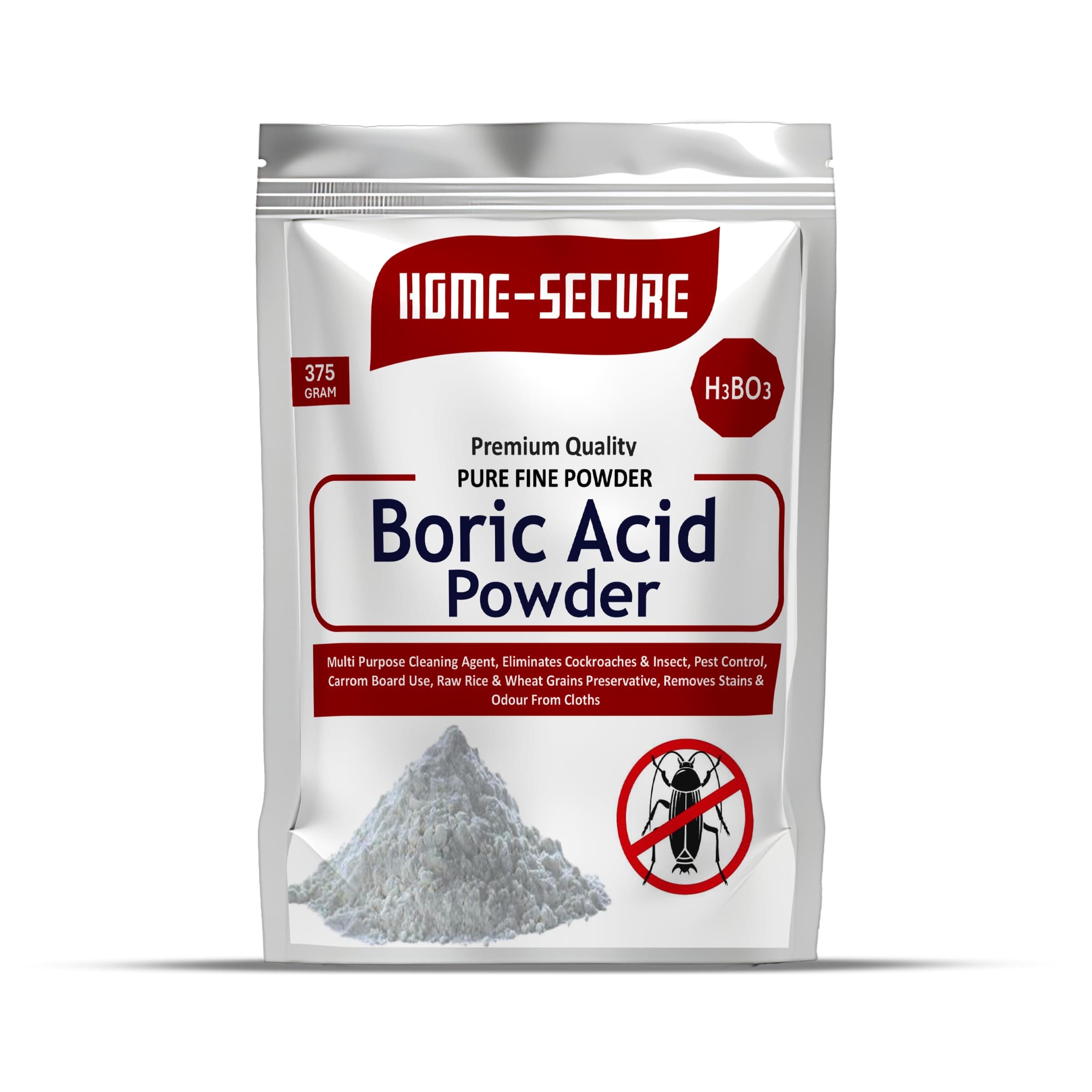 Home-Secure Boric Acid Powder for Cockroaches, Ant Repellent, Bed Bugs Killer, Carrom Board Powder, Rice Preservative, Kitchen Cleaner, Stain Remover, Industrial Cleaning Agent, Natural & Safe-375gm