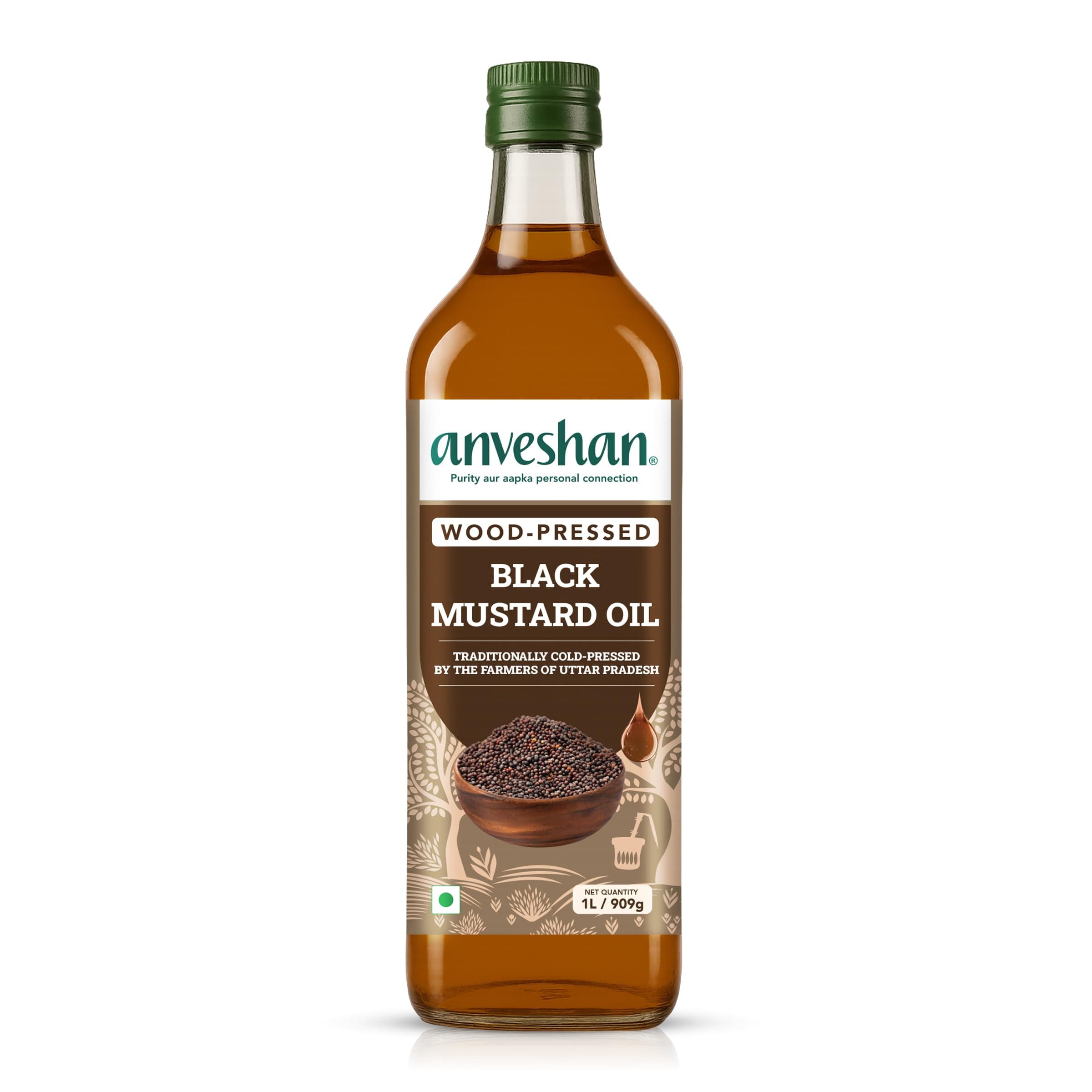 Anveshan Wood Cold Pressed Mustard Oil - 1L | PET Bottle | Kacchi Ghani | Black Mustard Oil | A1 Grade Mustard Seeds & 0 trans fat| Rich Aroma | Naturally Cholesterol Free & Goodness of Omega 3