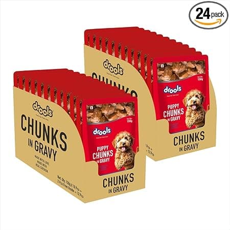 Drools Puppy Wet Dog Food 24 Packs (150g X 24) | Real Chicken and Chicken Liver Chunks in Gravy | Support Immunity | Oral Health | Training and Behaviour