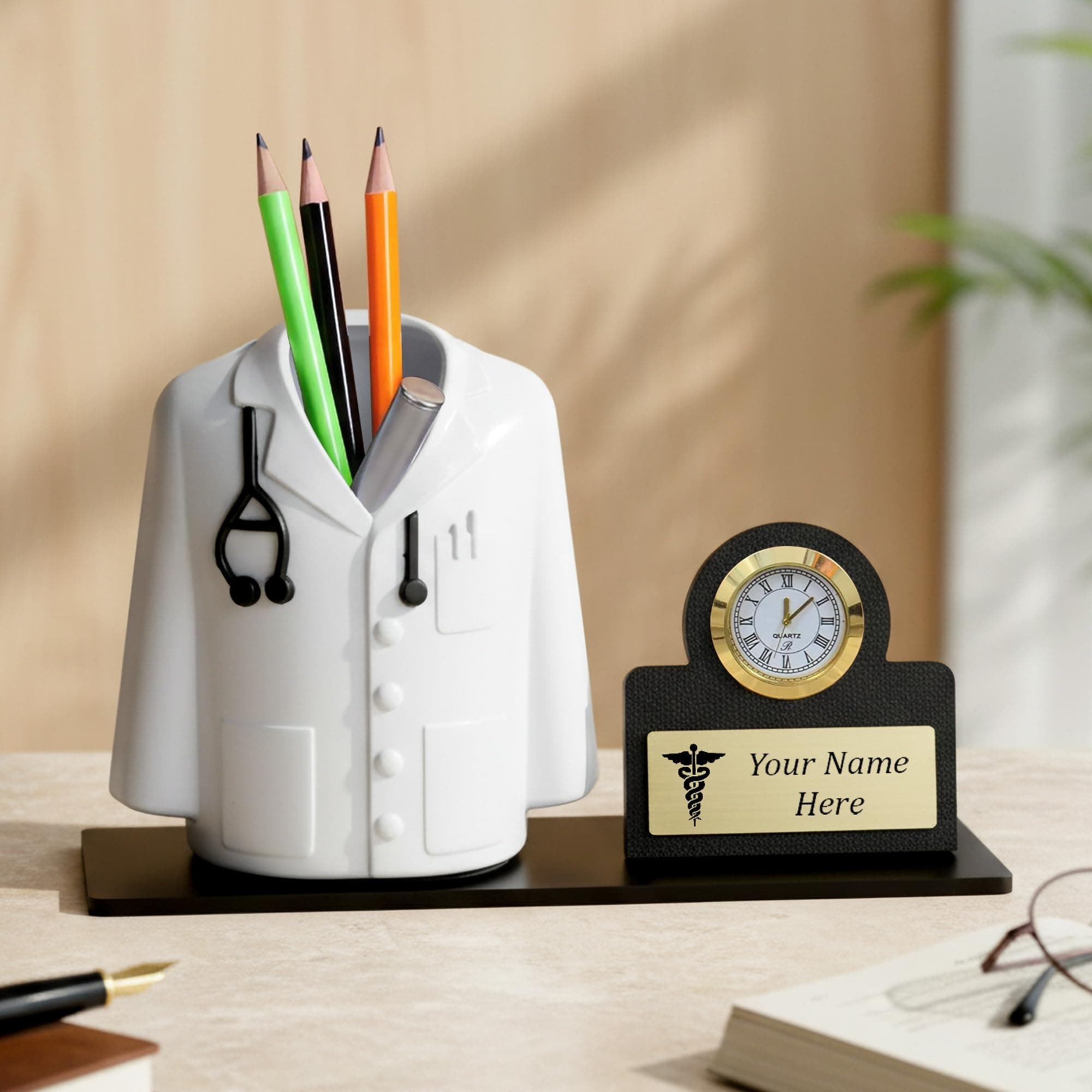 Deskart Doctor Pen Stand with Clock and Customized Name Plate | Personalized Gift Item for Doctors and Medical Aspirants with Apron/Coat Shape Desk Organizer