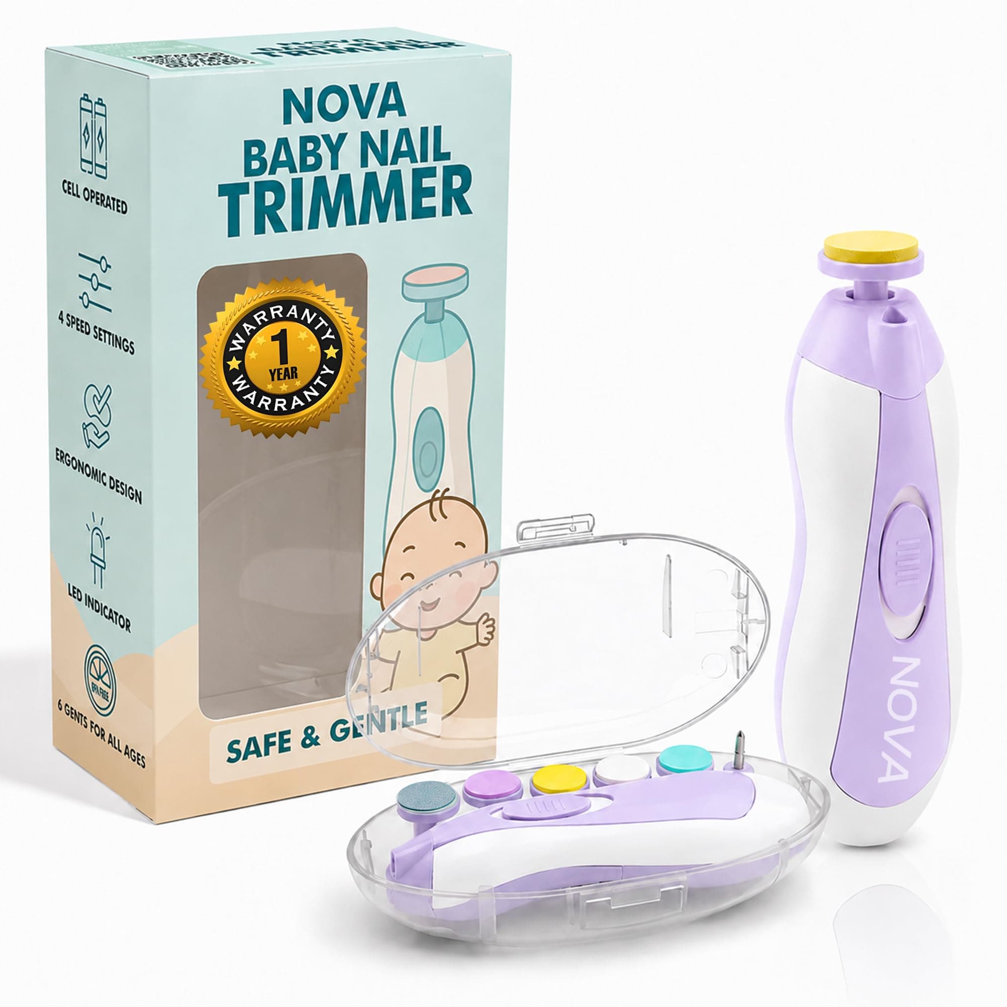 RARECARE Baby Nail Trimmer | New Born Essentials | Baby Nail Cutter New Born 0-12 Months with 6 Filer Heads Adjustment |1 Year Warranty |, Pink, White, 1 Count