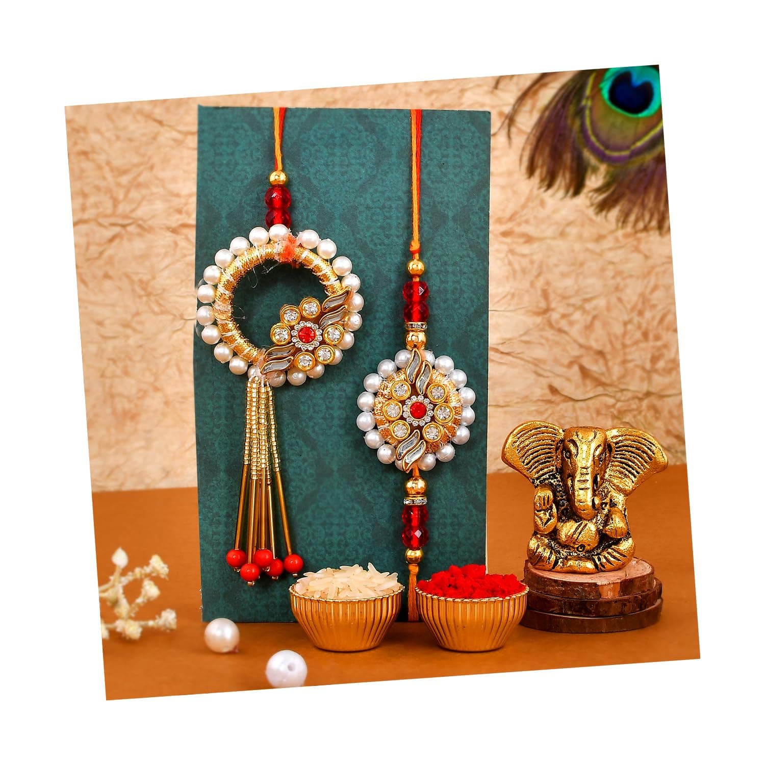 CraftVatika Rakhi Gift for Brother Bhaiya Bhabhi with Ganesh Showpiece Combo |Premium Rakhi Set of 2 for Bhaiya Bhabhi | Rakhi with Ganesha Idol Gift for Brother, Greeting Card, Tilak Set
