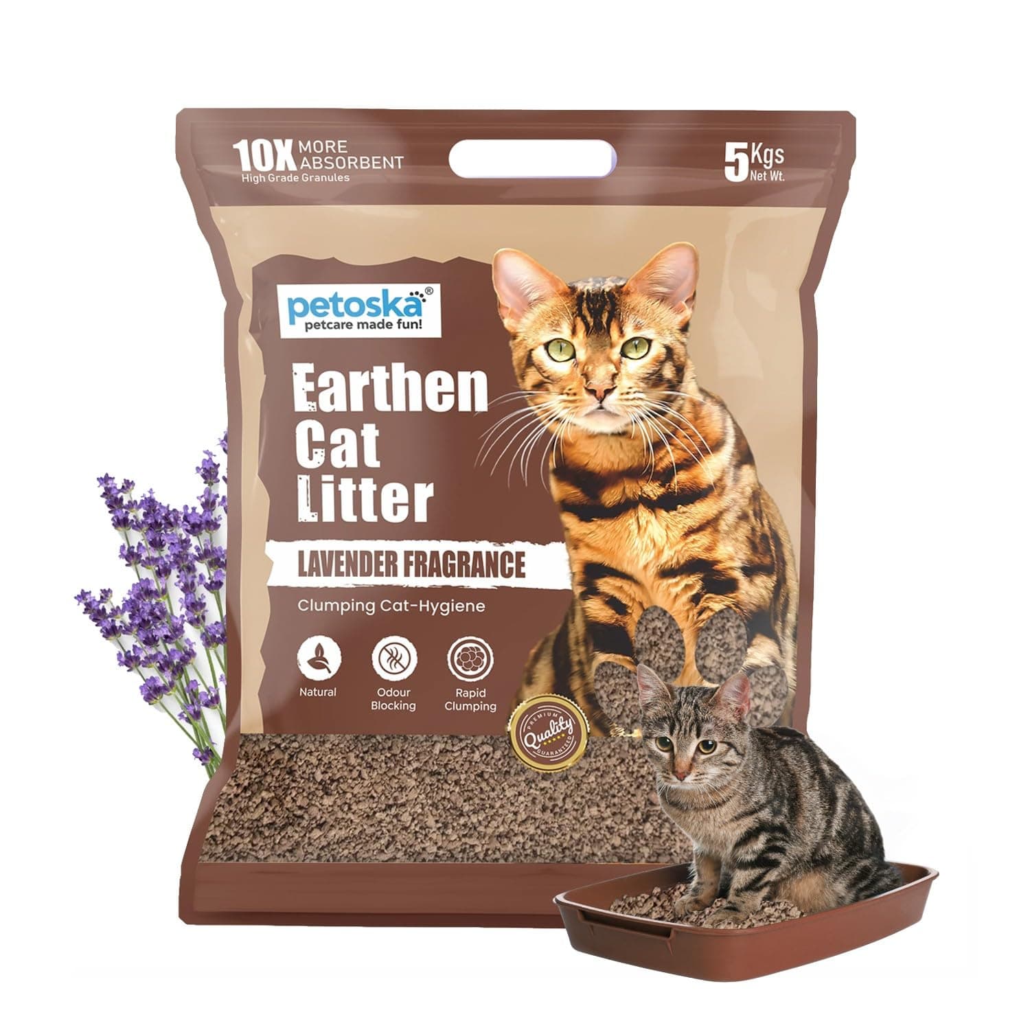 PETOSKA Earthen Cat Litter- 5KG | Lavender Infused | Natural Mineral Granule Litter | Ultra Odour Control | Dust-Free, Soft-Texture & High Absorption | Safe & Eco-Friendly