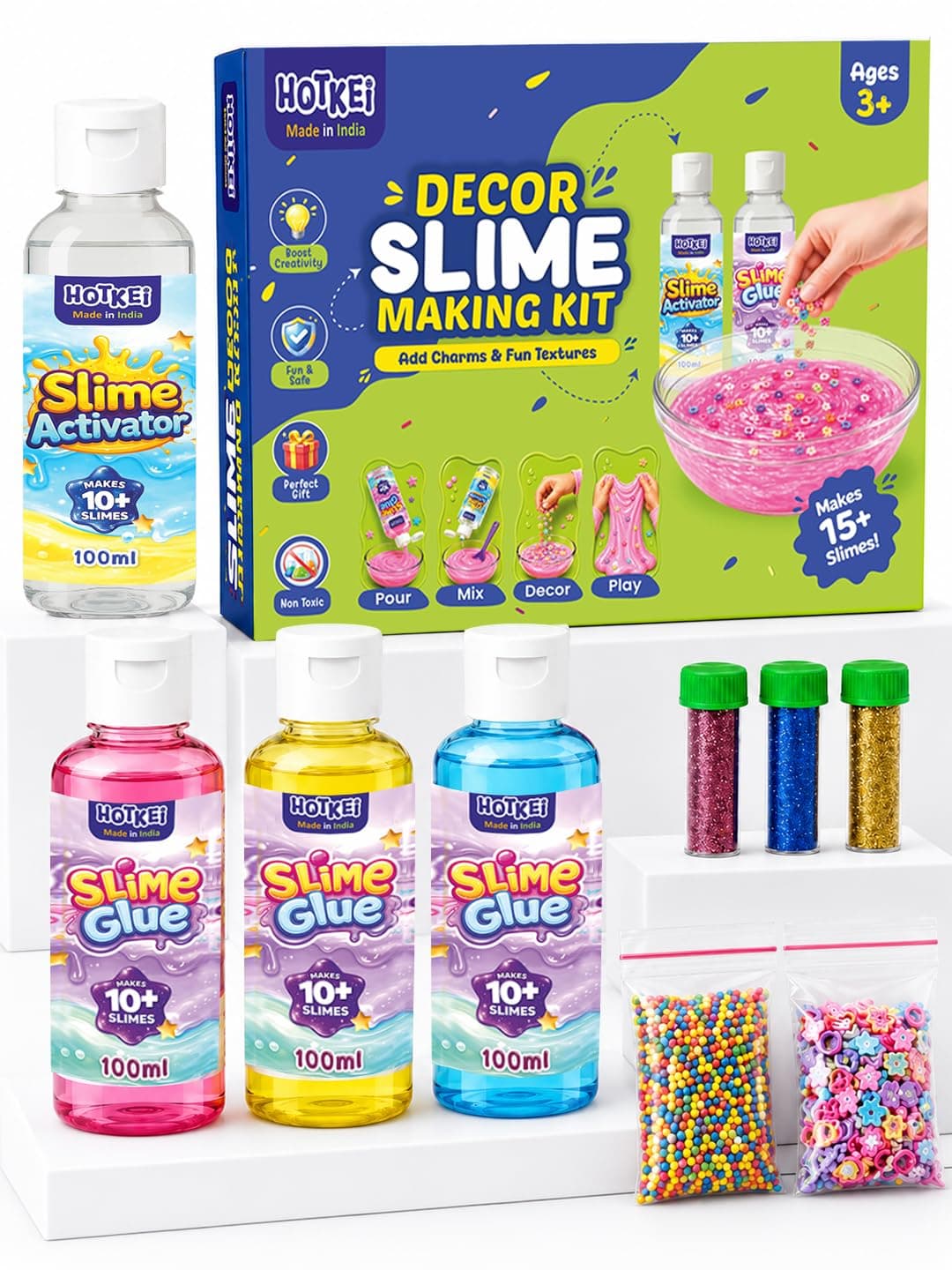 HOTKEI Decor Slimes Making Kit Multicolor Scented DIY Toy Slimy Slime Activator Glue Gel Jelly Putty Making kit Set Toy Birthday Gift for Boys Girls Kids 3 Colored Glue | 1 Activator | Accessories
