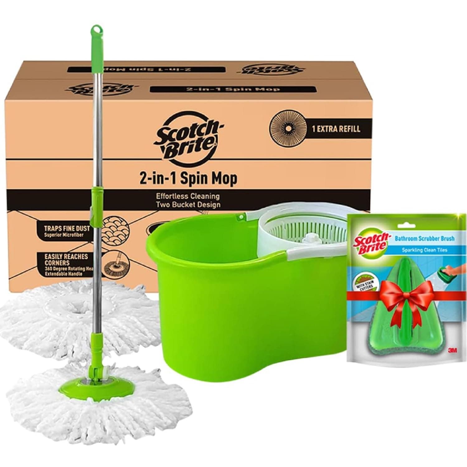 Scotch-Brite Twin Bucket Spin Mop with Easy Wring & Rinse System for All Floor Types, 1 Extra mop Head Refill and Bathroom Tile Scrubber Brush