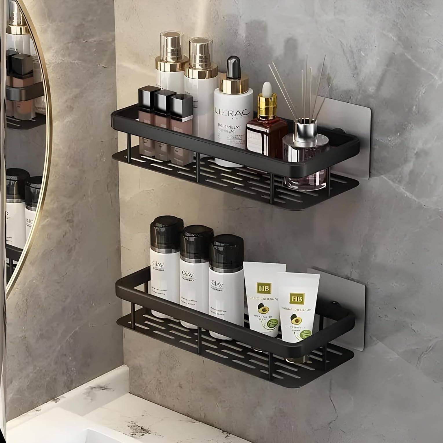 THE SR BRAND Self-Adhesive Multipurpose Wall Mounted Bathroom Shelves|Space-Saving Storage Organizer Racks for Bathroom and Kitchen Accessories|Stylish Wall Stand for Home,Office Use (Black-Pack of 1)