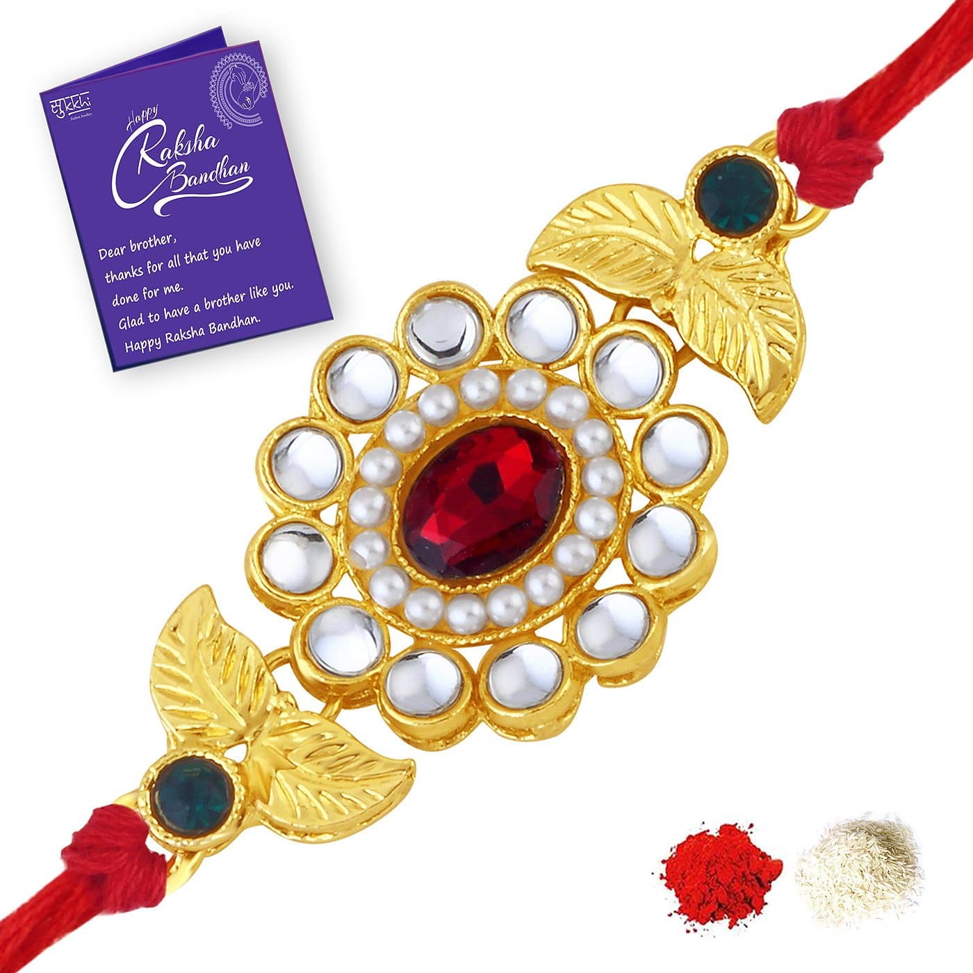 Sukkhi Classic Kundan Designer Gold Plated Premium Rakhi for Brother With Roli Chawal & Greeting Card (RAK73418)