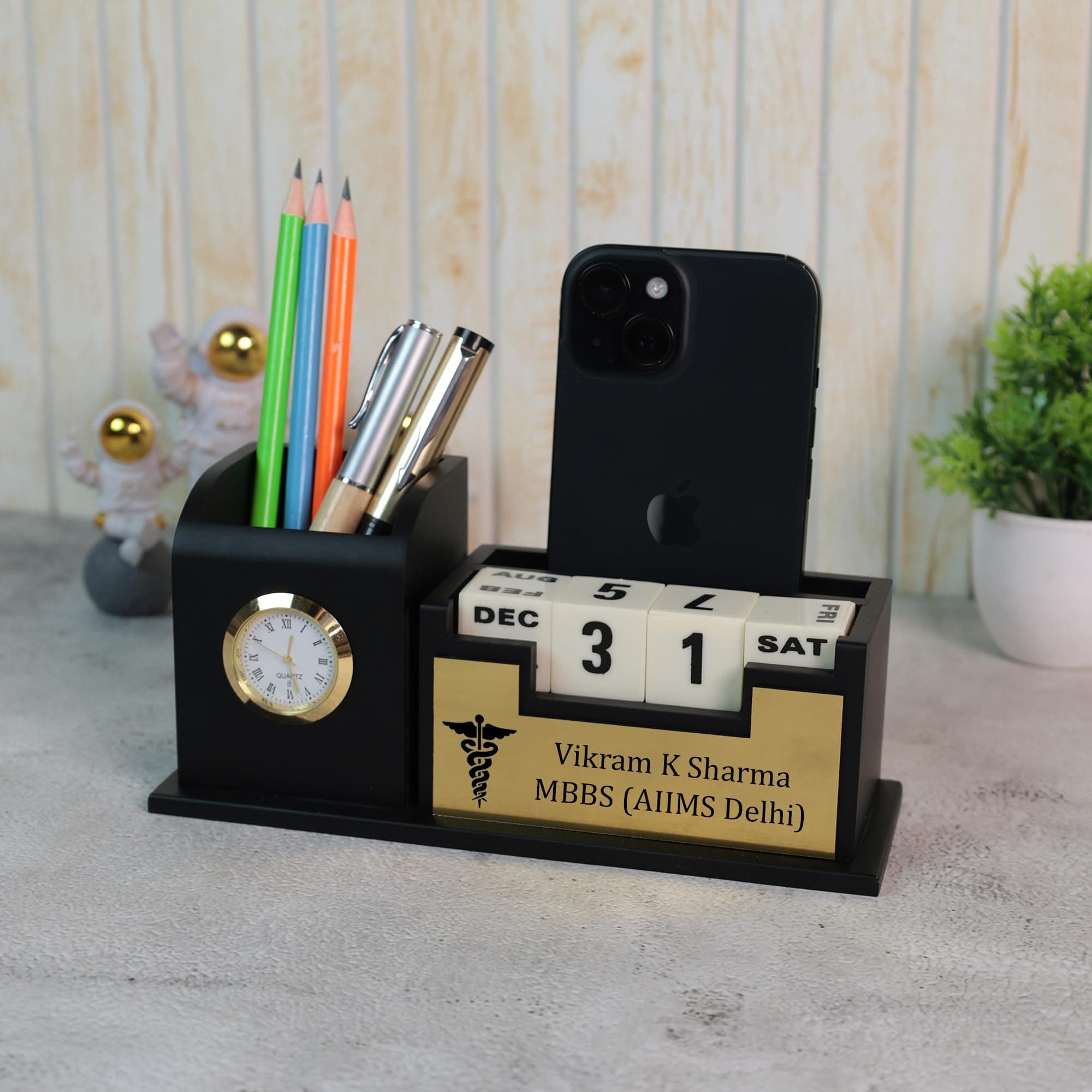 Deskart Doctor Pen Stand | Customized Desk Organizer for Doctors and Medical Aspirants with Pencil Holder, Clock, Lifetime Calendar and Personalized Name Engraved Plate