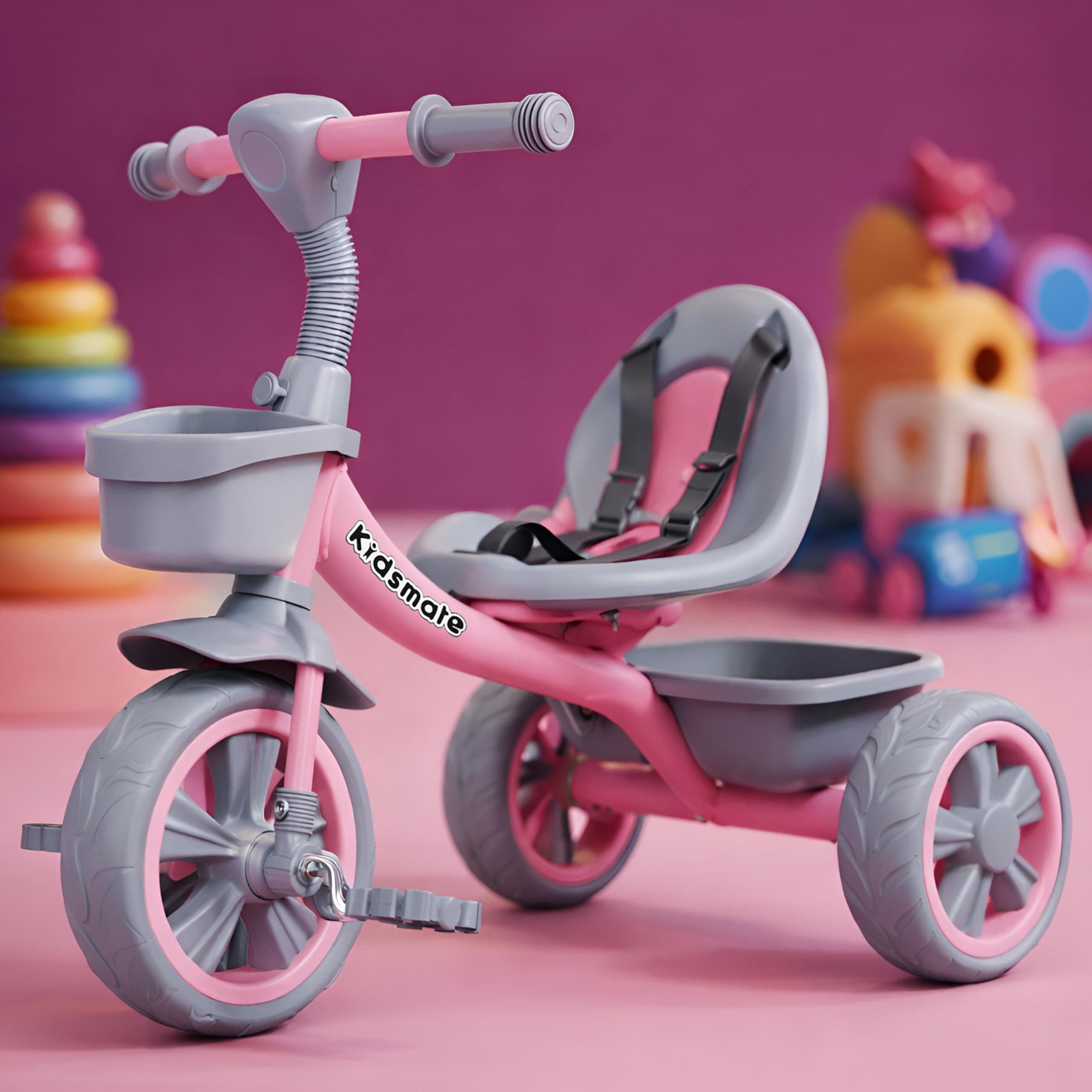 Kidsmate Starlight Premium Tricycle for Kids 2 to 5 yrs | Trikes for Boys & Girls | Baby Cycle with Eva Wheels, Bell and Toy Basket | Safe & Stylish Ride-On Bike | Max User Weight 30kg - Pink