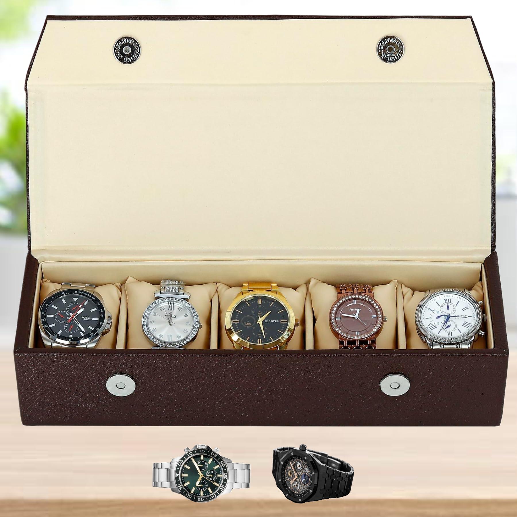 Hard Craft Watch Case Box Organiser Jewelry, Bracelet & Accessories Collection Storage Holder Gift for 5 Slots With Premium Faux Leather Interior & Exterior For Men and Women, Brown