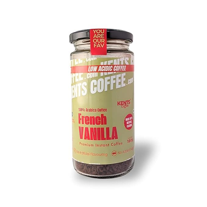 Kents Coffee French Vanilla Instant Coffee 100g Jar | 100% Arabica Coffee Powder | No Added Sugar | LOW ACIDIC COFFEE | Serves 90 Cups | Perfect for Hot Coffee, Iced Latte & Frappe