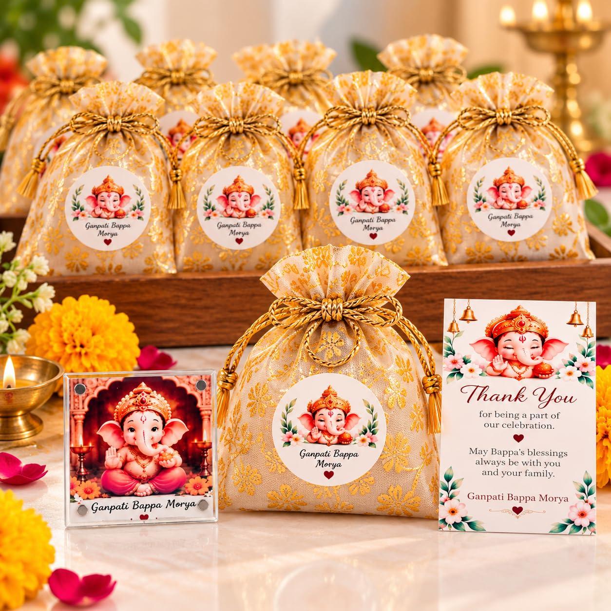 Mei & More Ganpati Return Gifts Pack of 10 for Guests | Acrylic Fridge Magnet with Decorative Potli & Thank You Card | Ganesh Ganpati Bappa Morya Gift Set | Ganesh Chaturthi Puja Gift