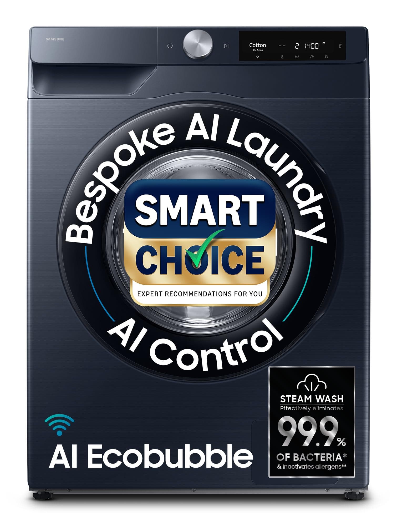 Samsung Smart Choice 9 kg, 5 Star, AI Control, AI Ecobubble, Super Speed, Wi-Fi, Hygiene Steam with Inbuilt Heater, Digital Inverter, Fully-Automatic Front Load Washing Machine (WW90DG6U24ASTL, NAVY)