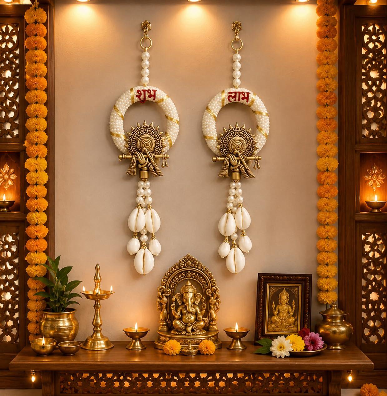 Sohibe Handmade Krishna Flute Subh Labh Home Decoration Item for Ganpati Festival wall Hanging Handcrafted Diwali Decoration Items