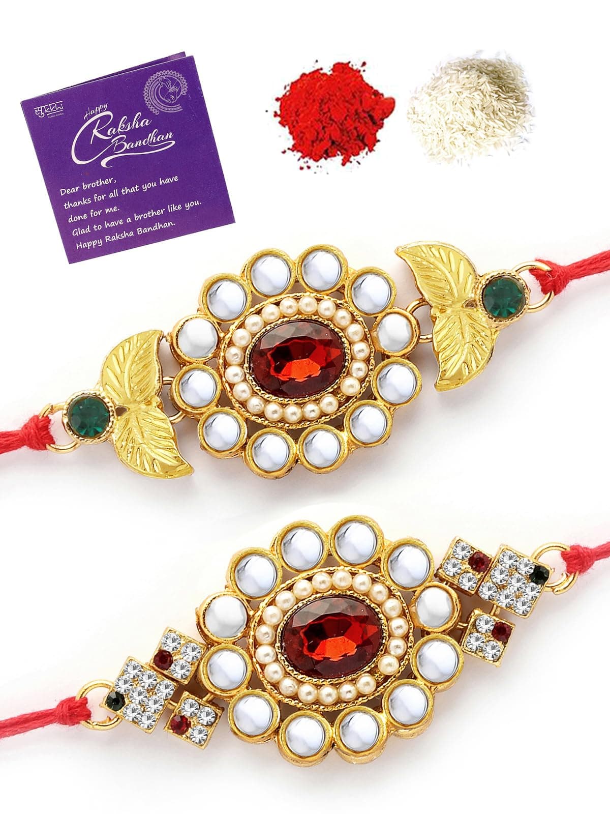 Sukkhi Elegant Kundan Designer Gold Plated Premium Rakhi for Brother, Roli Chawal & Greeting Card | Combo-Set of 2 |CB73444)