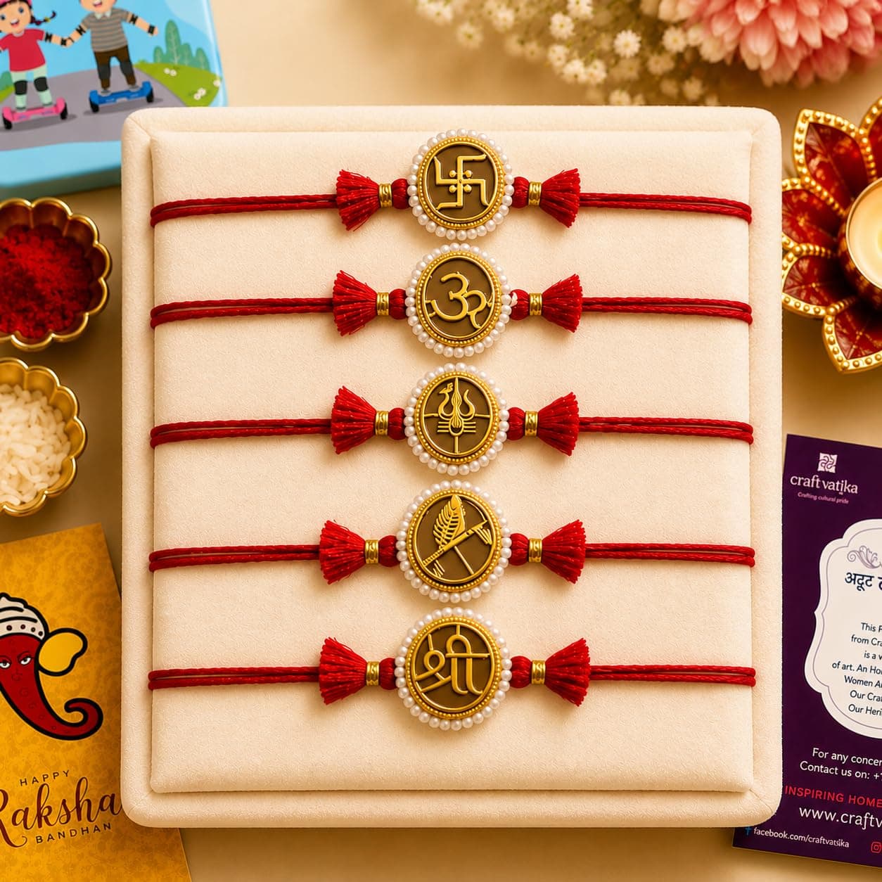 CraftVatika Rakhi Set of 5 with Gift for Brother | Designer Rakhi for Brother Bhai Bhabhi Kids | Rakhis for Rakshabandhan | Gift Combo Set for Boy Men,Om Shiva Krishna Religious Rakhis