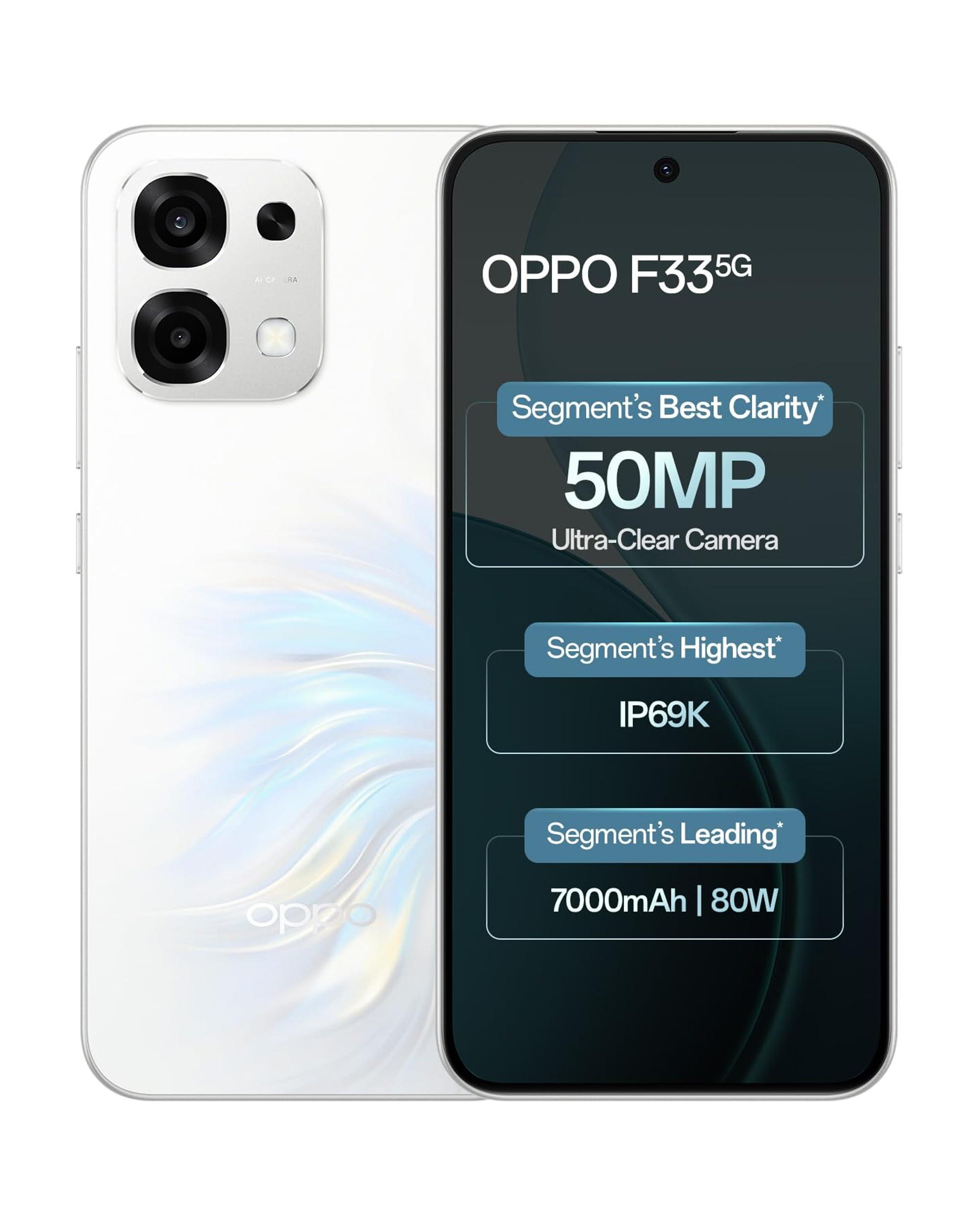 OPPO F33 5G Smartphone (6GB RAM, 128GB Storage, Pearl White) |50MP AI Camera |7000mAh Long Battery |45W Fast Charging