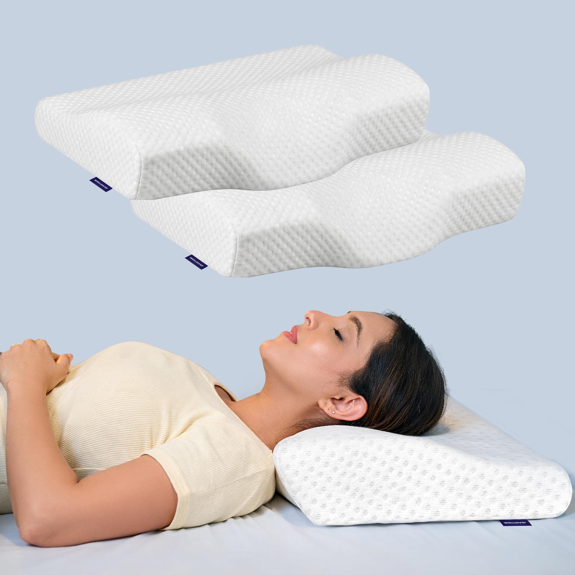 WELLGIVER Cervical Memory Foam Pillow for Neck Pain | 2 Year Warranty | 19 x 11 x 4 Inch Standard | Orthopedic Pillow Spondylitis Neck & Shoulder Pain | Washable Jacquard White Cover | Pack of 2