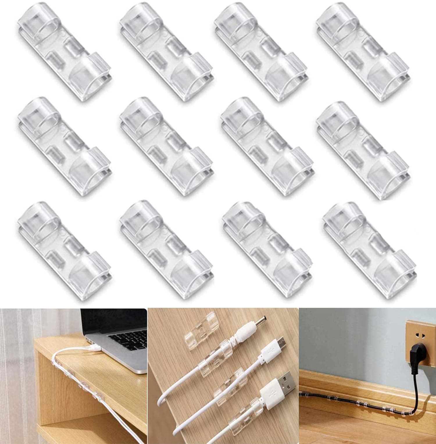 INOVERA (LABEL) 10 Pieces Wire Organizer Cable Management Clip Desktop Cord Hook with 3M Adhesive Foam (Transparent)