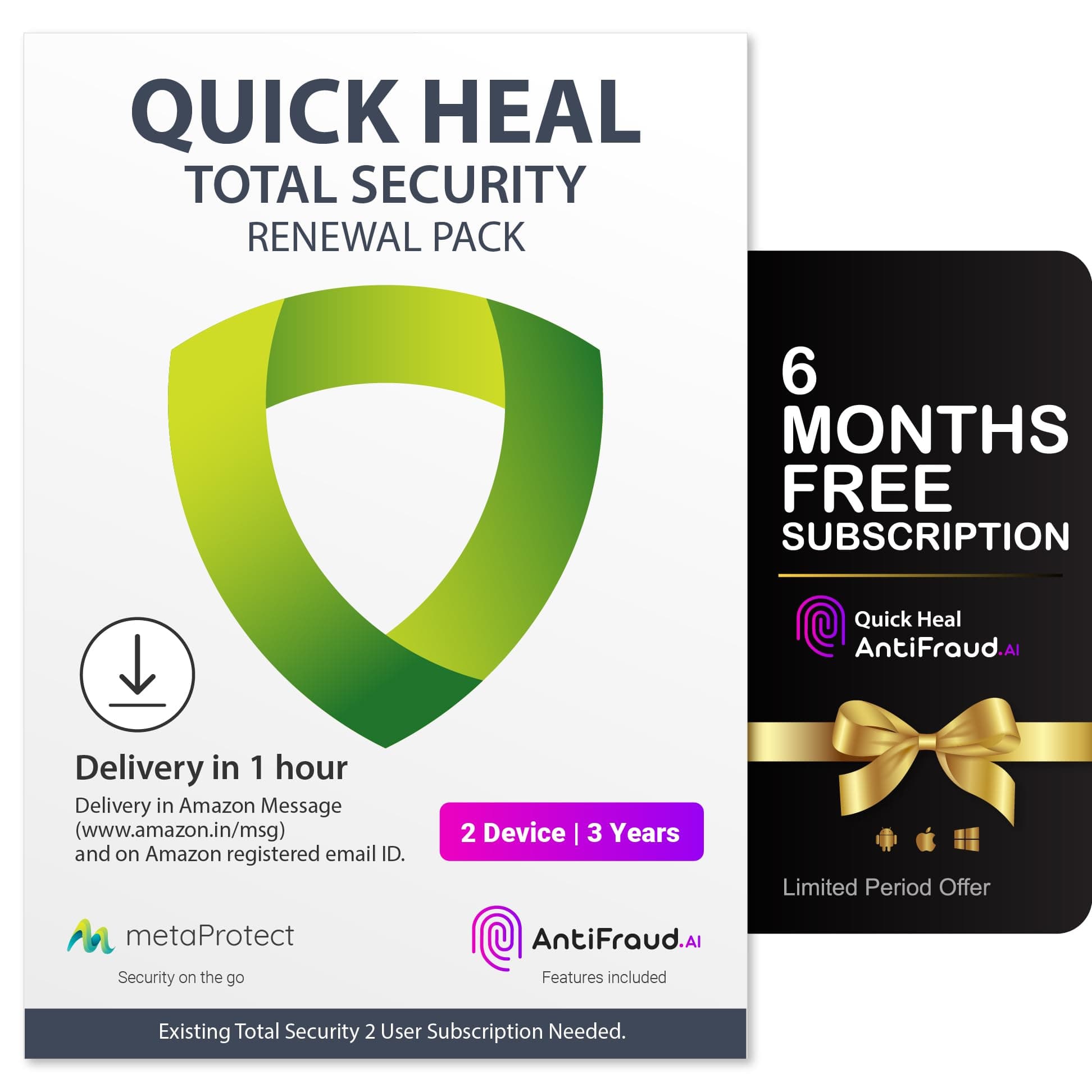 Quick Heal Total Security Renewal Gold Pack | 2 User, 3 Year | Existing 2 User Subscription Required | (SINGLE CODE) Email Delivery in 1hr | + 6 month AntiFraud.AI for IOS/Android