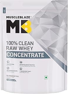 MuscleBlaze 100% Clean Raw Whey Protein Concentrate, Unflavoured (1kg / 2.2lbs) | 24g Protein per Scoop | Easy to Digest