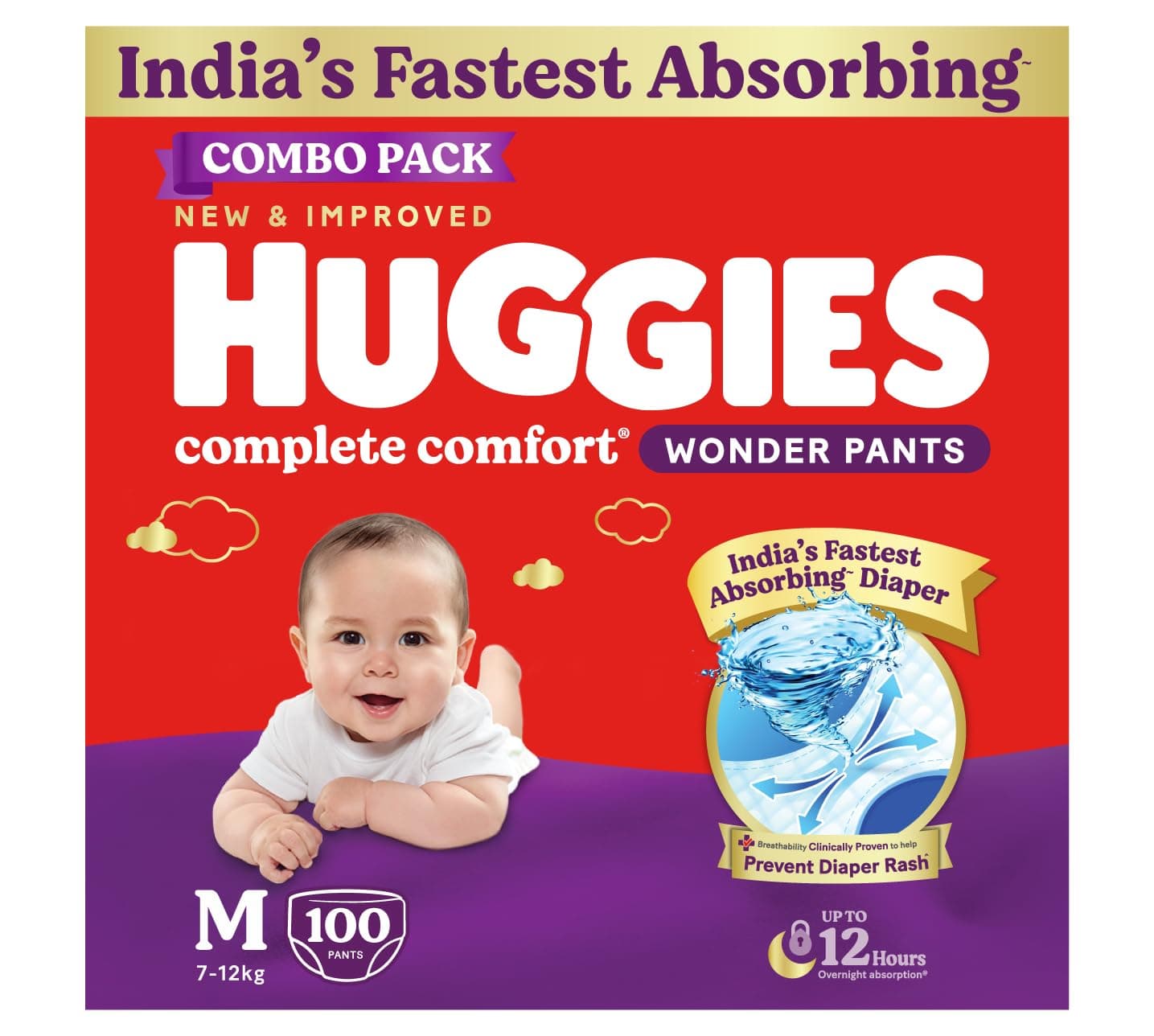 Huggies Complete Comfort Wonder Pants | Pant Style Baby Diapers Medium Size (M), 100 Count | India's Fastest Absorbing Diaper, Prevents Diaper Rash, Ideal for 7 to 12 Kgs (50 Count, Pack of 2)