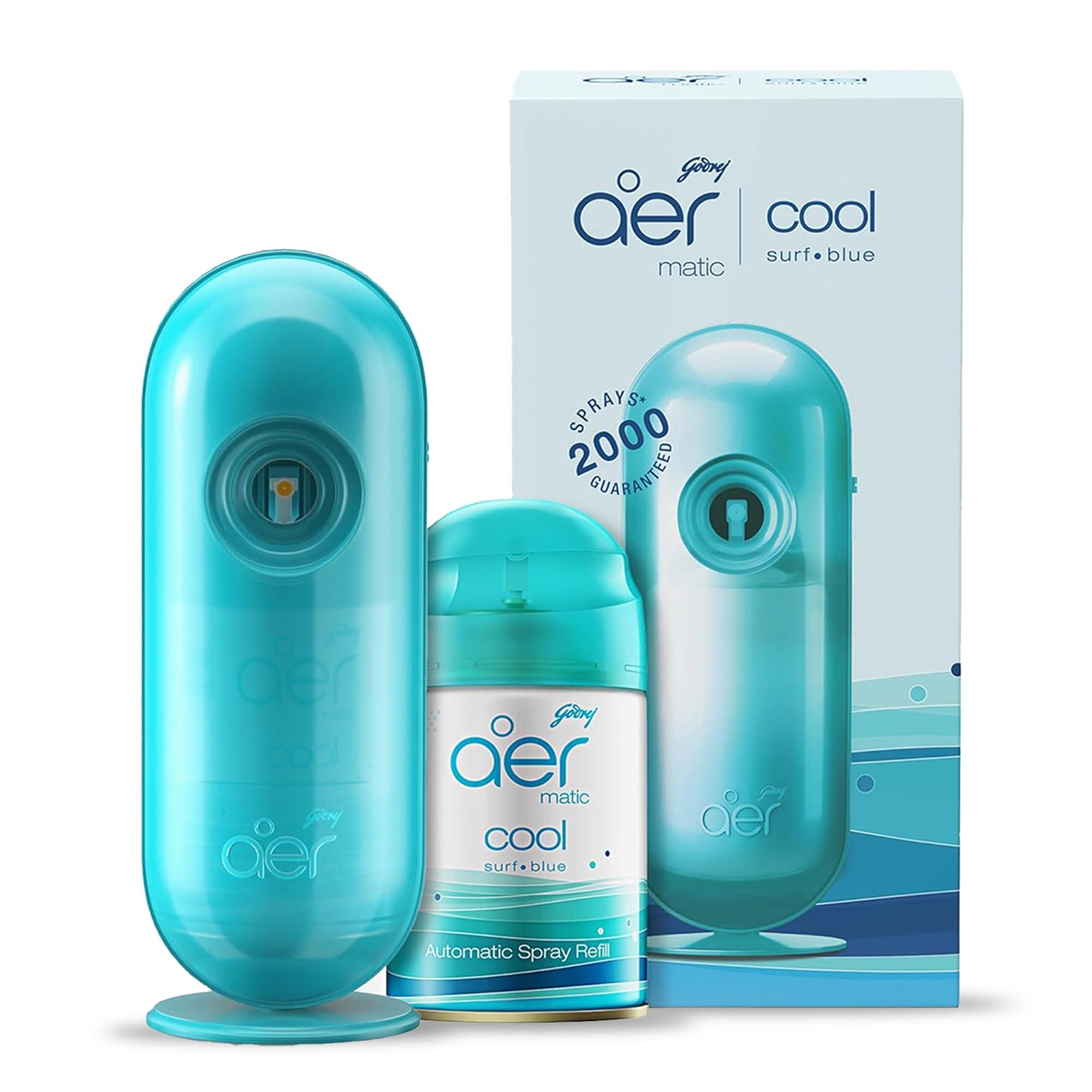 Godrej aer Matic Kit (Machine + 1 Refill) - Automatic Room Fresheners with Flexi Control Spray | Cool Surf Blue | 2000 Sprays Guaranteed | Lasts up to 60 days (225ml)